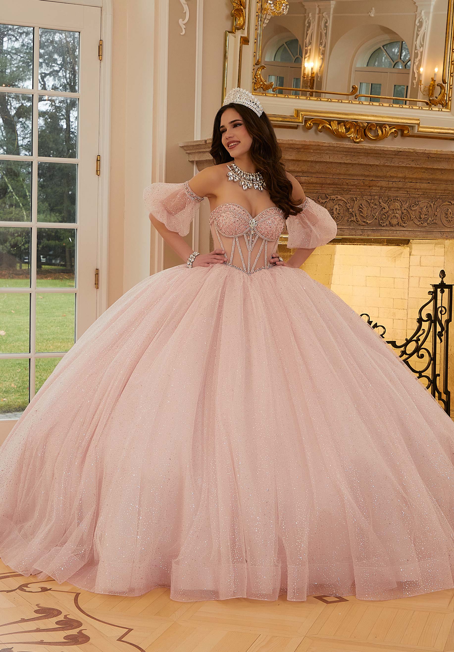 Pearl and Crystal Beaded Sparkle Tulle Quinceaera Dress with Back Bow Jaxa event designer Pearl and Crystal Beaded Sparkle Tulle Quinceaera Dress with Back Bow Jaxa event designer