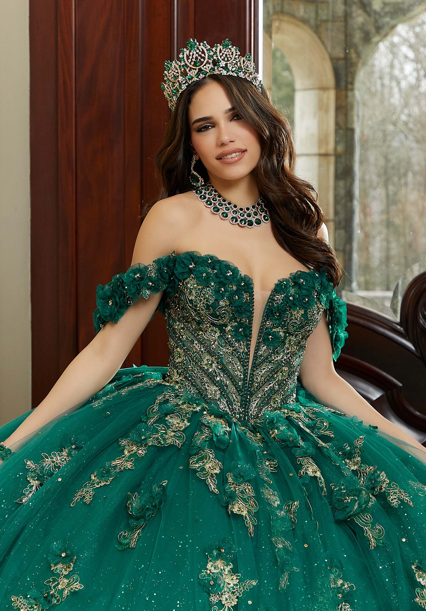 Three-Dimensional Flowers and Metallic Lace Sparkle Tulle Quinceañera Dress
