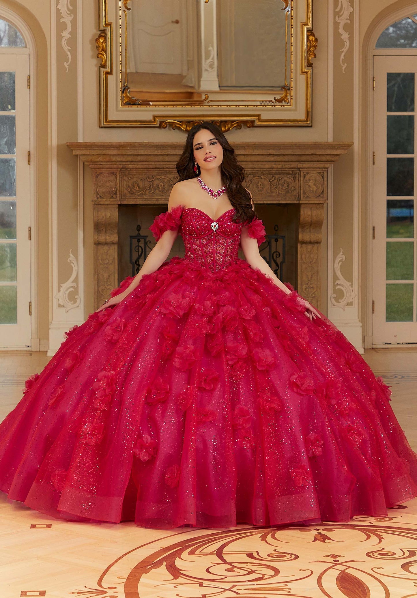 Layered Sparkle Tulle Quinceañera Dress with Three-Dimensional Flowers