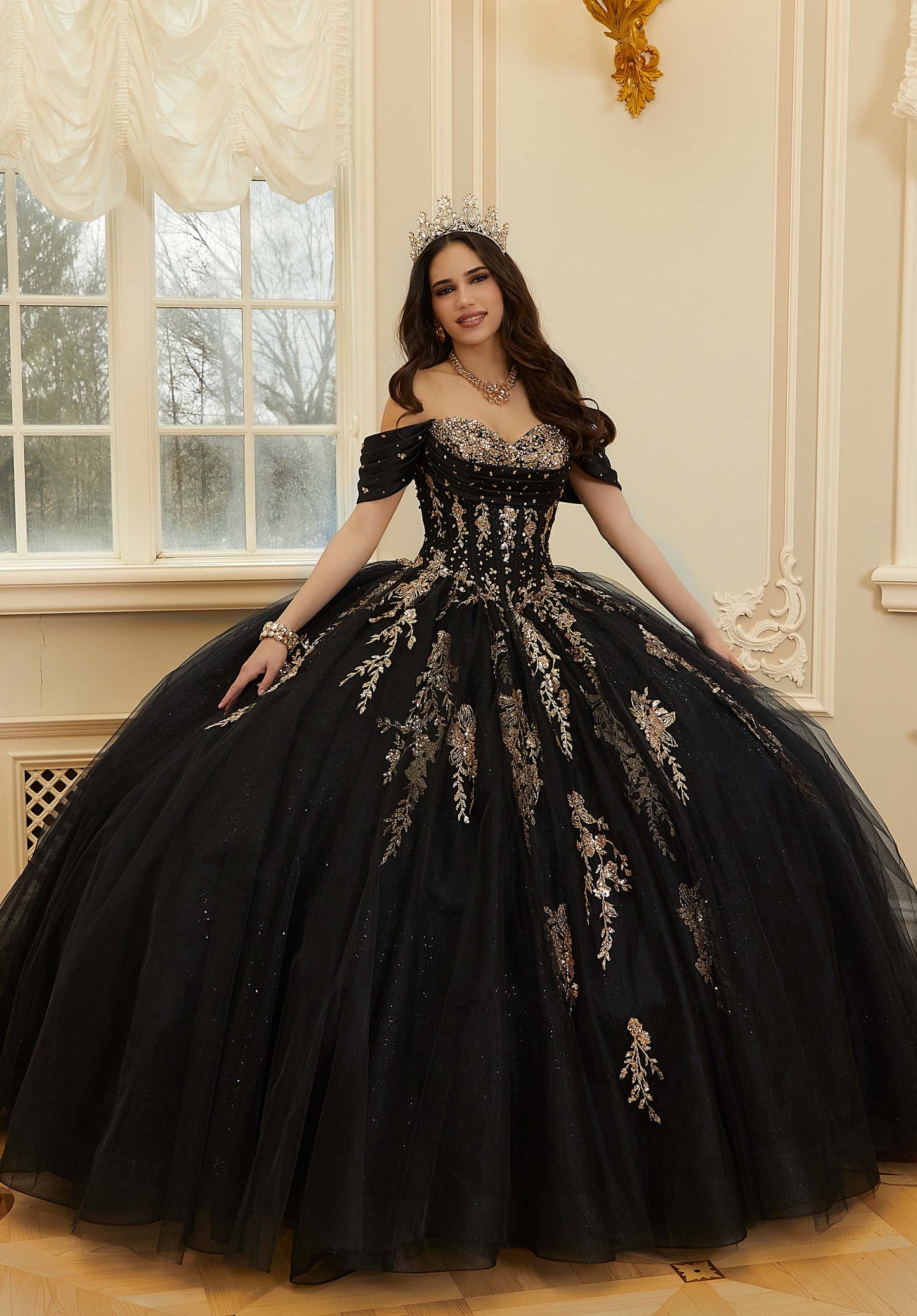 Crystal Beaded Contrasting Glitter Appliquéd Quinceañera Dress with Satin Cowl