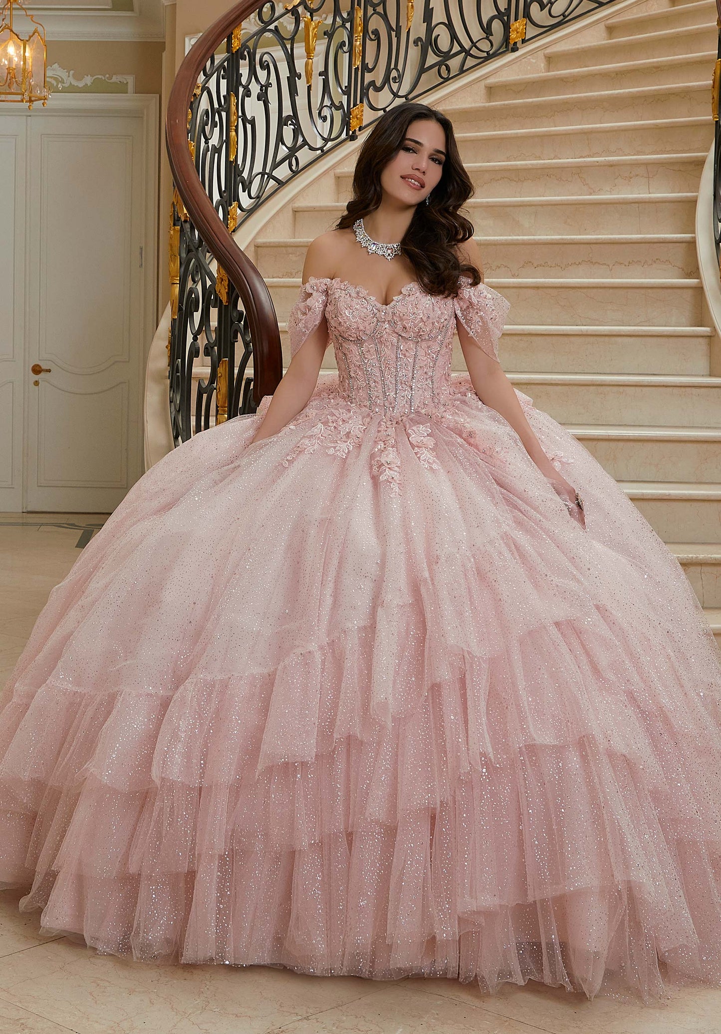 Three-Dimensional Floral Lace Quinceañera Dress on a Flounced Skirt