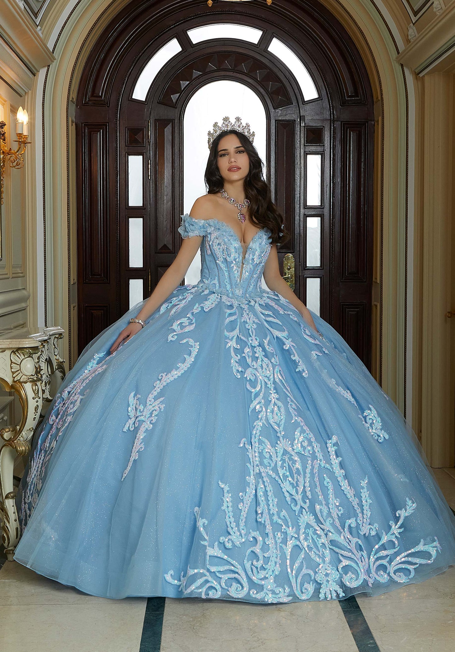 Iridescent Patterned Sequin and Three-Dimensional Floral Quinceañera Dress