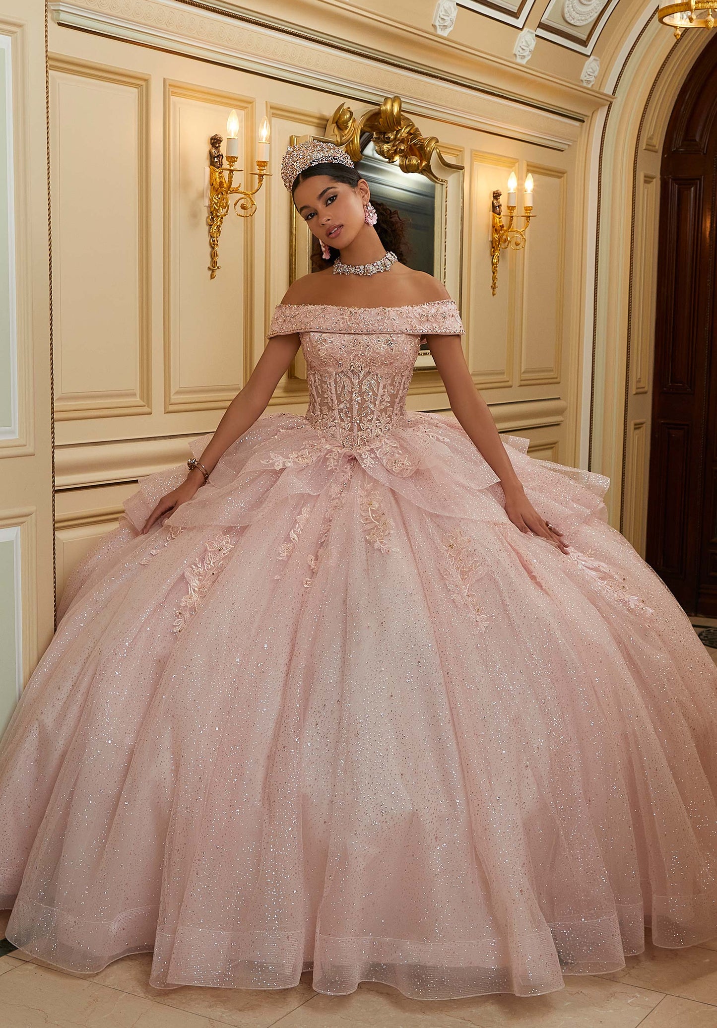 Diamanté and Crystal Beaded Metallic Lace Quinceañera Dress