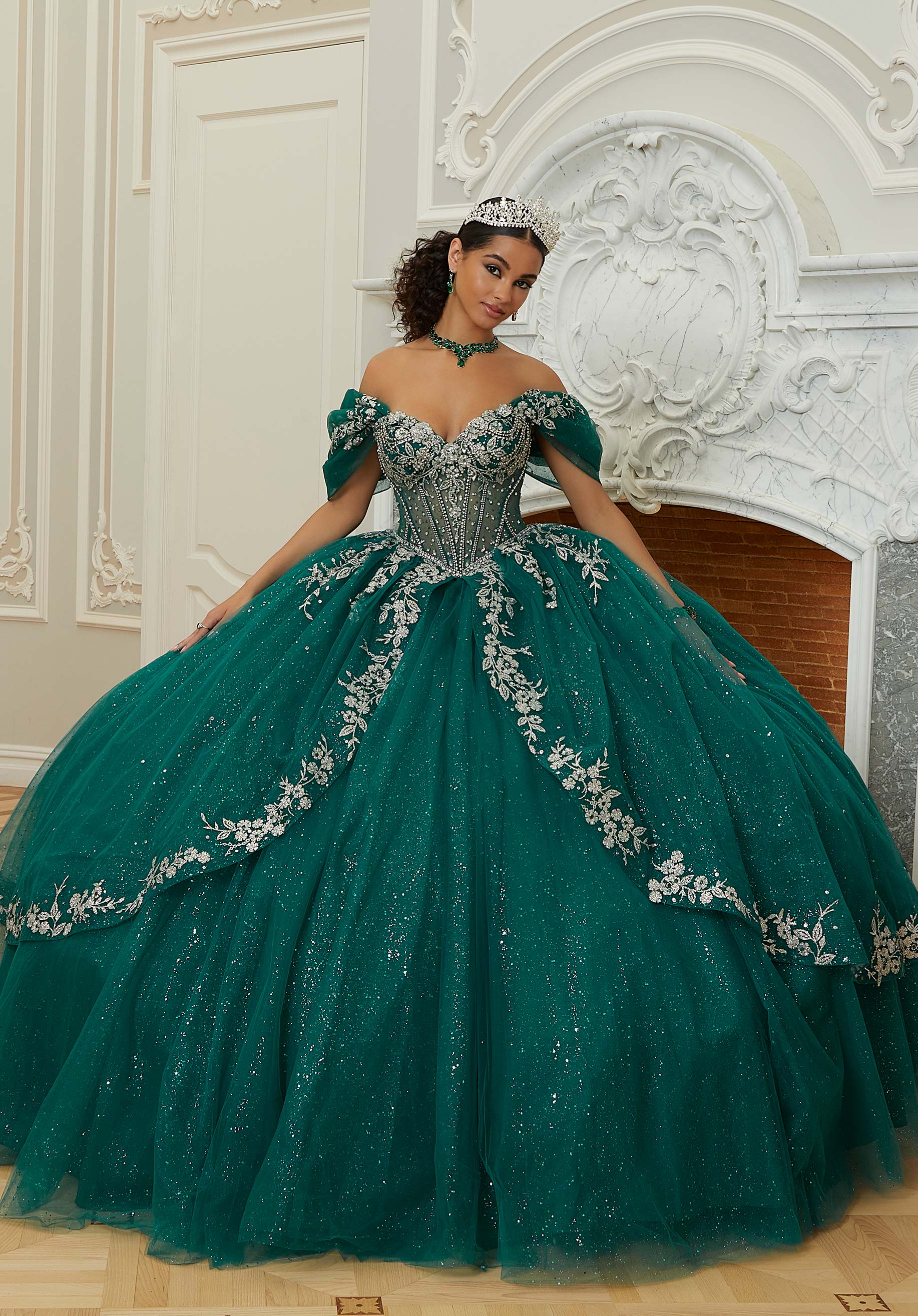 Sheer Chandelier Beaded Floral Glitter Quinceaera Dress Jaxa event designer Sheer Chandelier Beaded Floral Glitter Quinceaera Dress Jaxa event designer