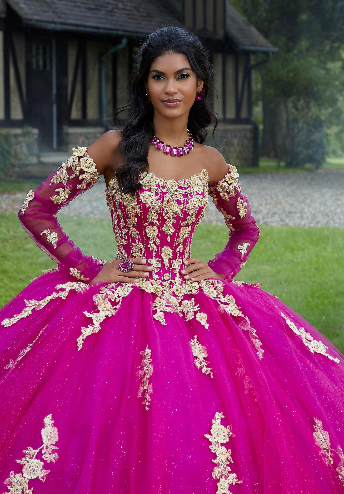 Crystal Beaded Three-Dimensional Embroidered Sparkle Tulle Quinceañera Dress