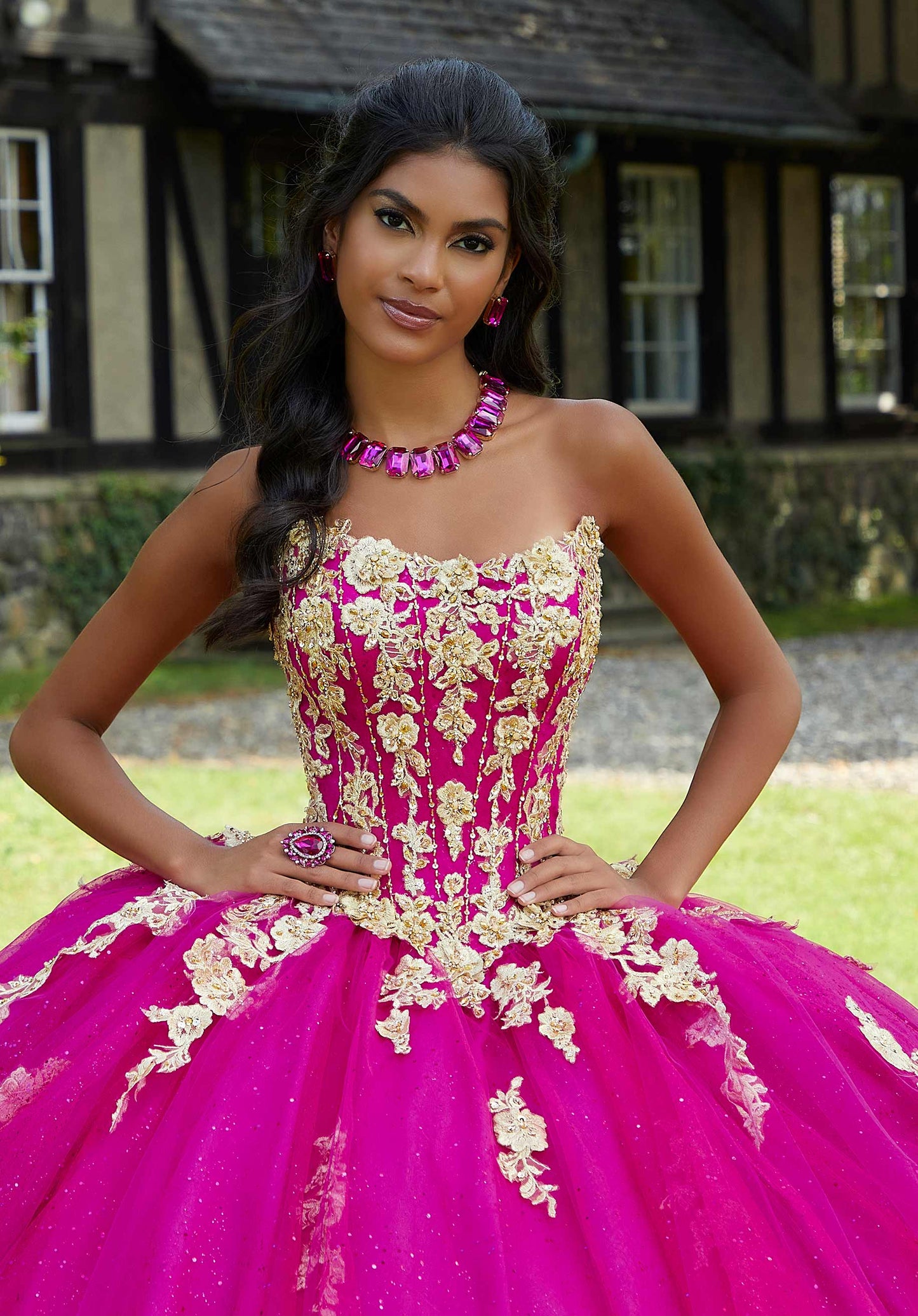 Crystal Beaded Three-Dimensional Embroidered Sparkle Tulle Quinceañera Dress