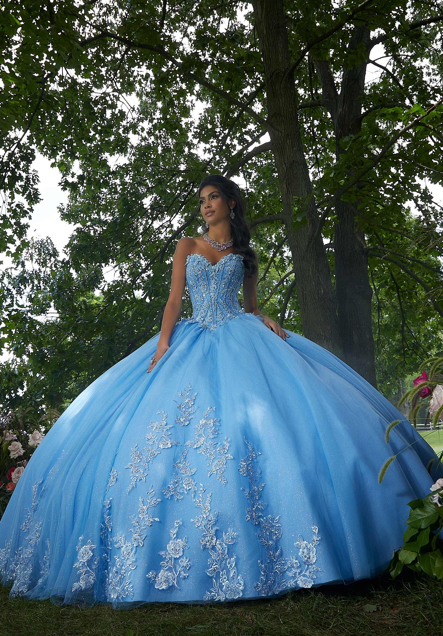 Floral Embroidered Corset Bodice Quinceañera Dress