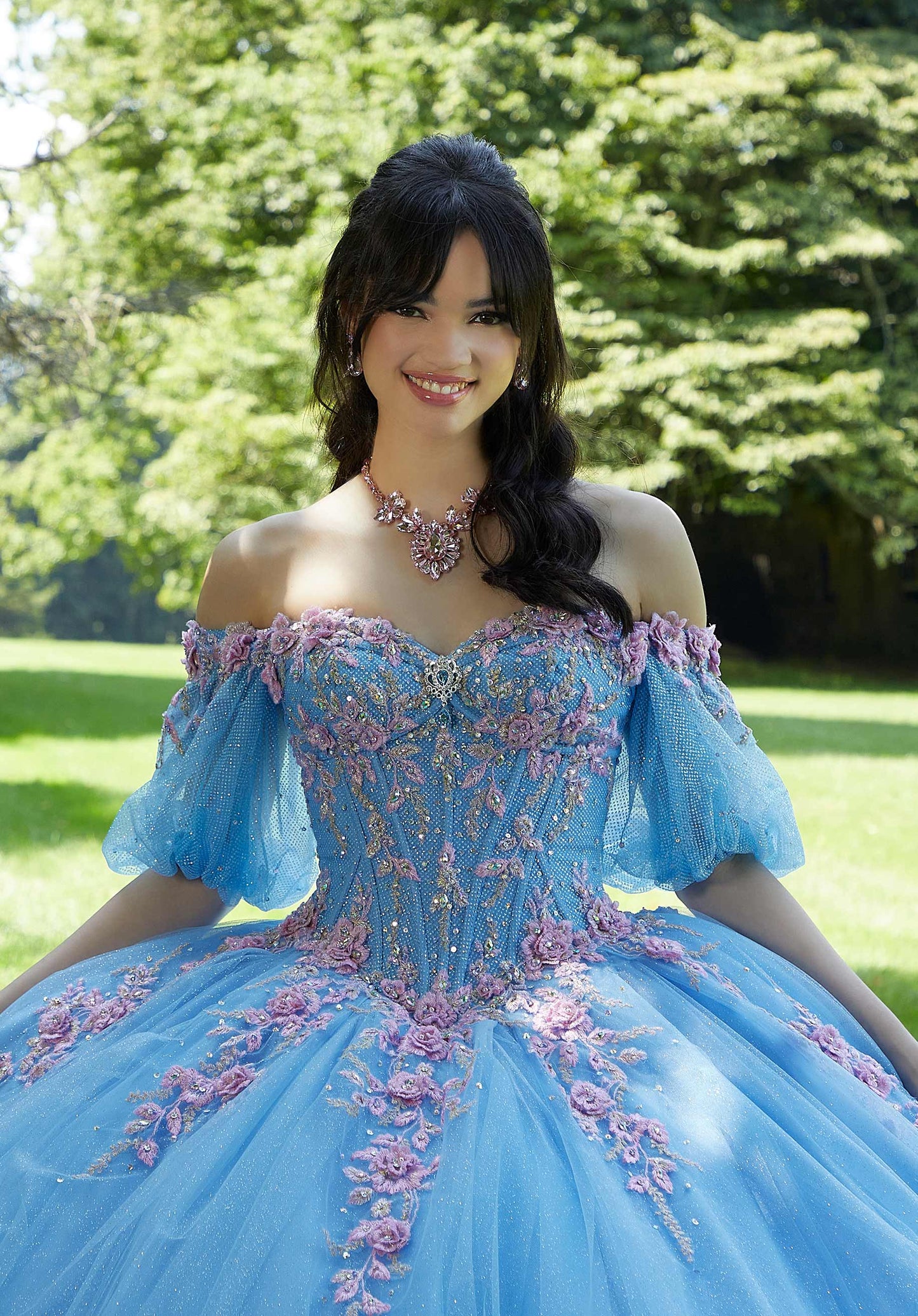 Three-Dimensional Floral Embroidered Quineañera Dress with Jewel Beading