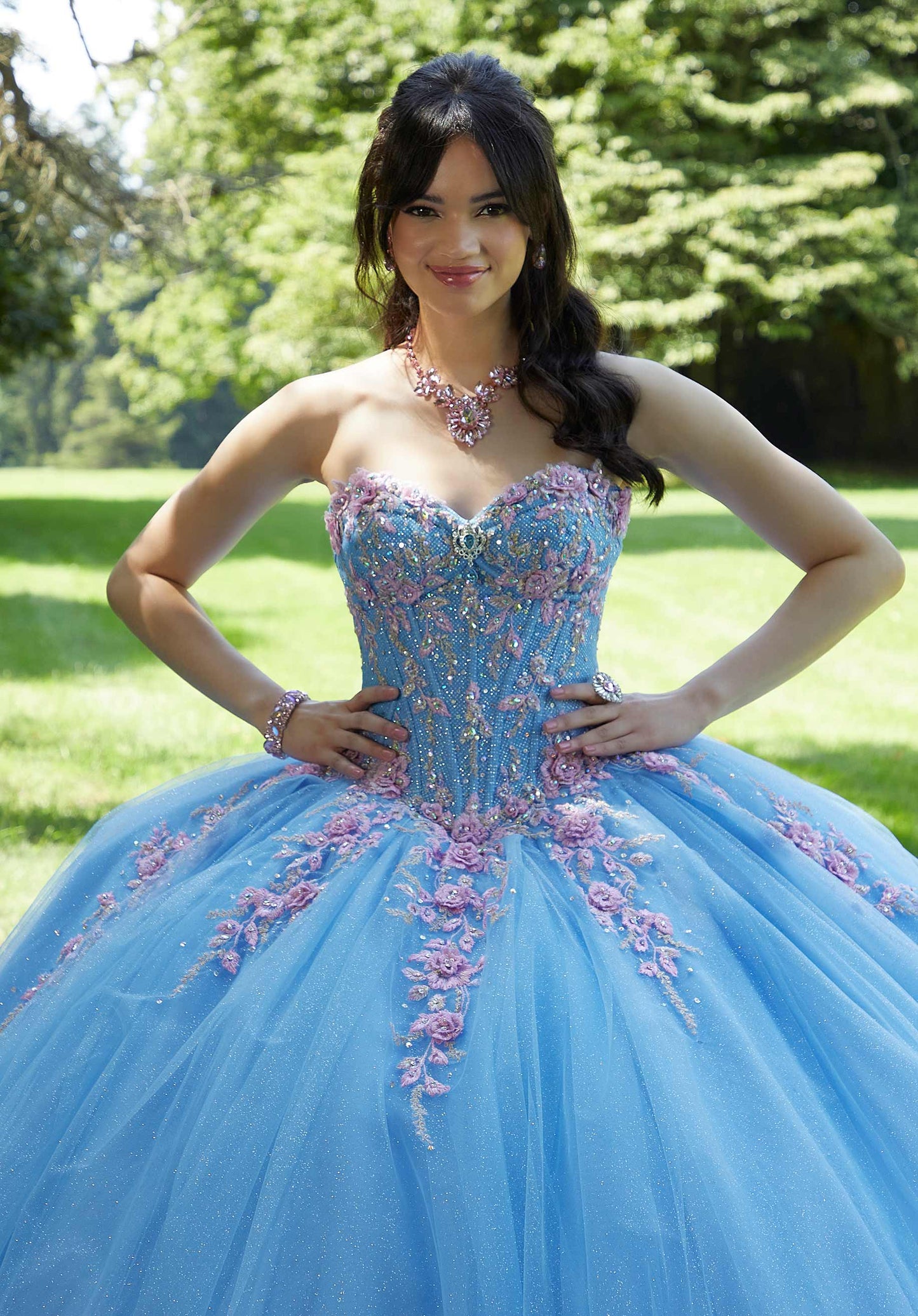 Three-Dimensional Floral Embroidered Quineañera Dress with Jewel Beading