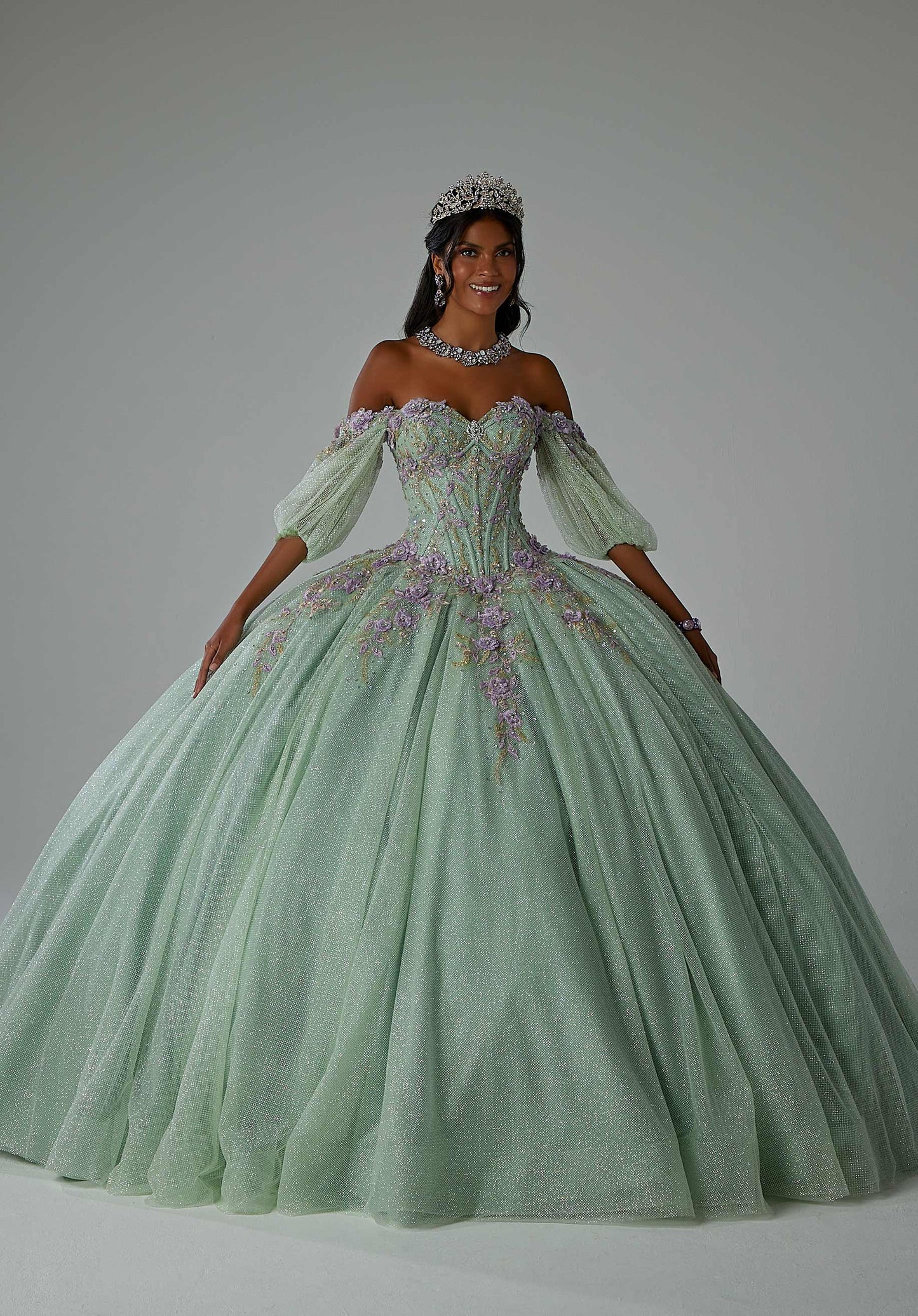 Three-Dimensional Floral Embroidered Quineañera Dress with Jewel Beading