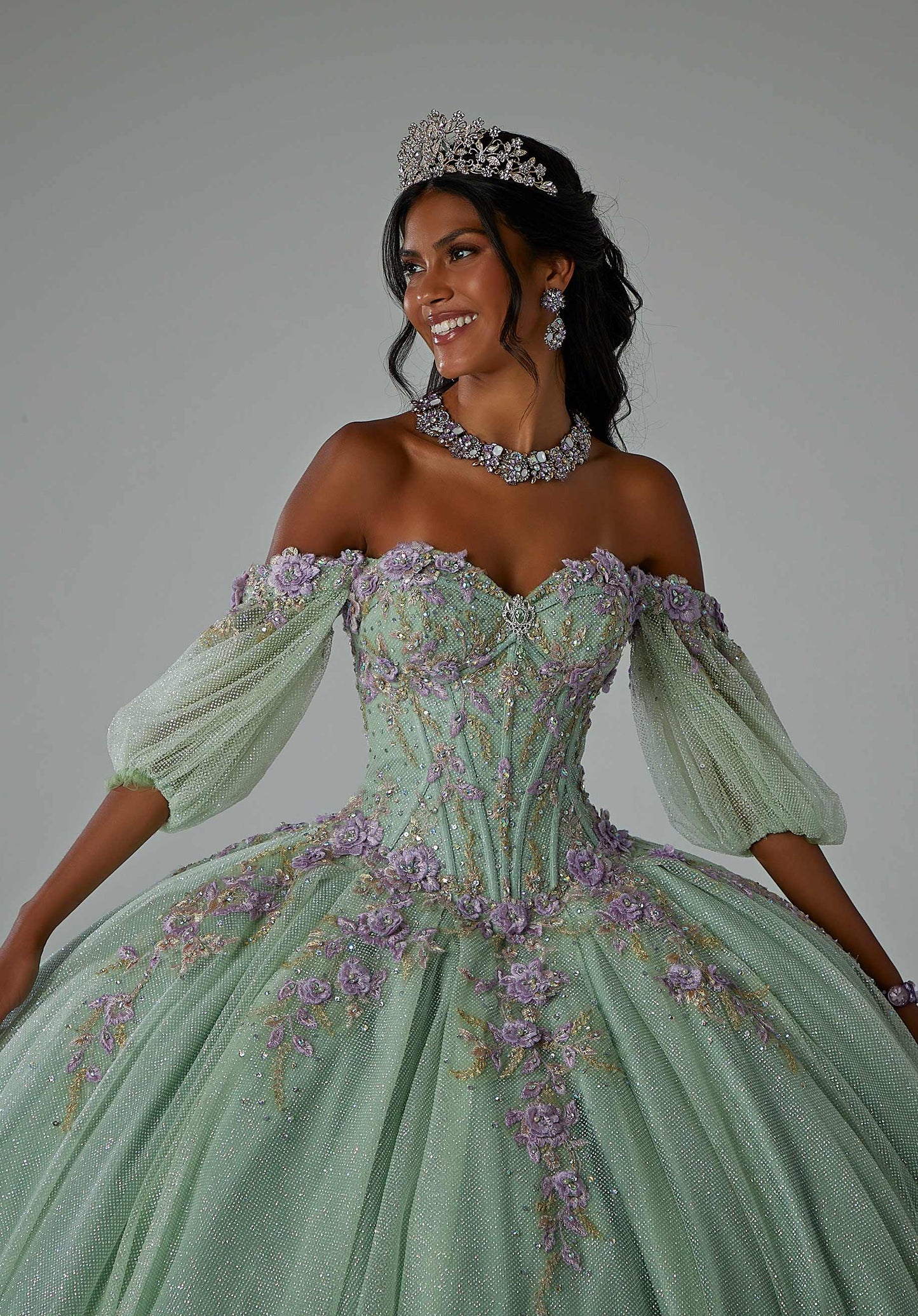 Three-Dimensional Floral Embroidered Quineañera Dress with Jewel Beading