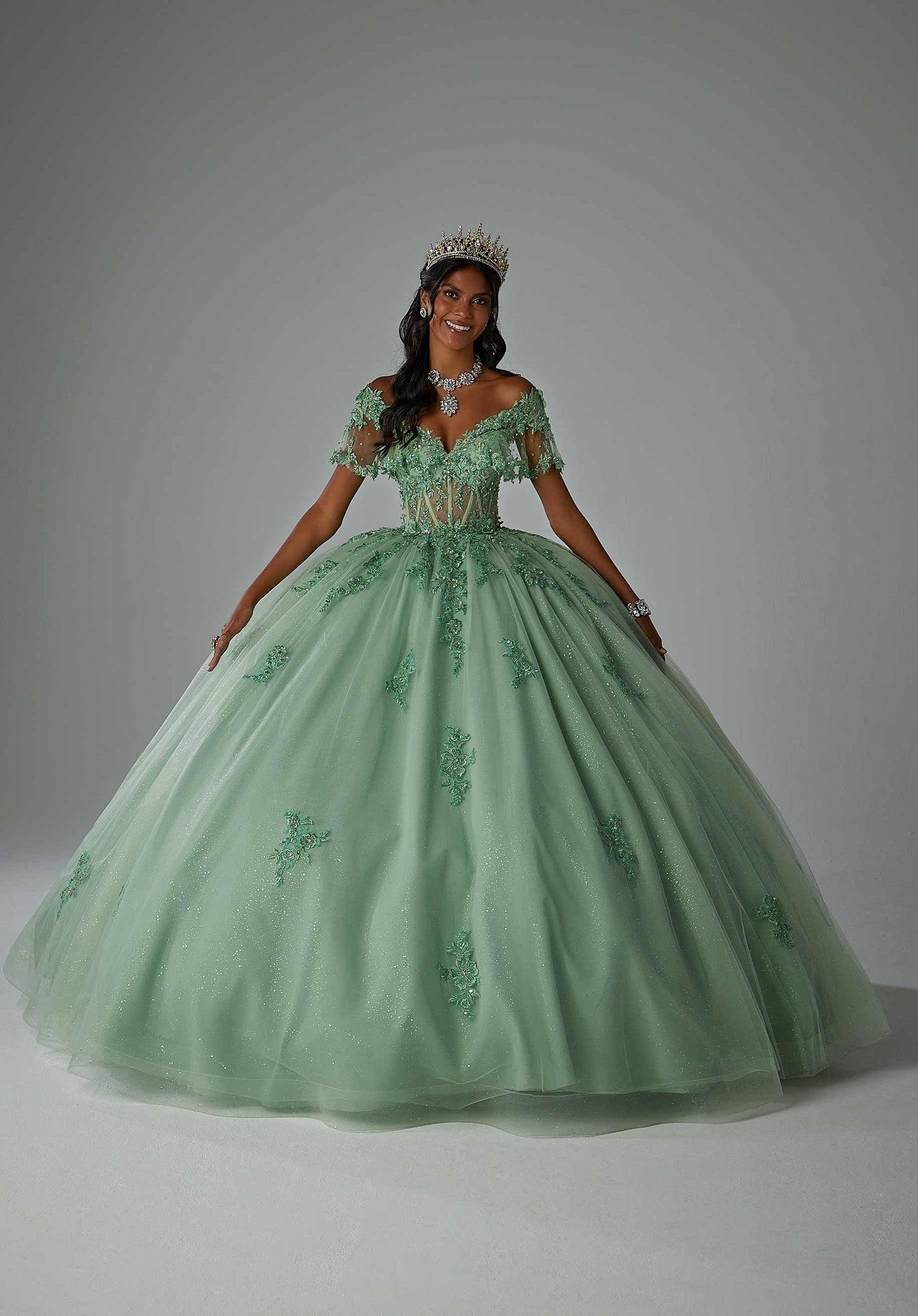 Crystal Beaded Floral Embroidered Quinceañera Dress with Sheer Midriff