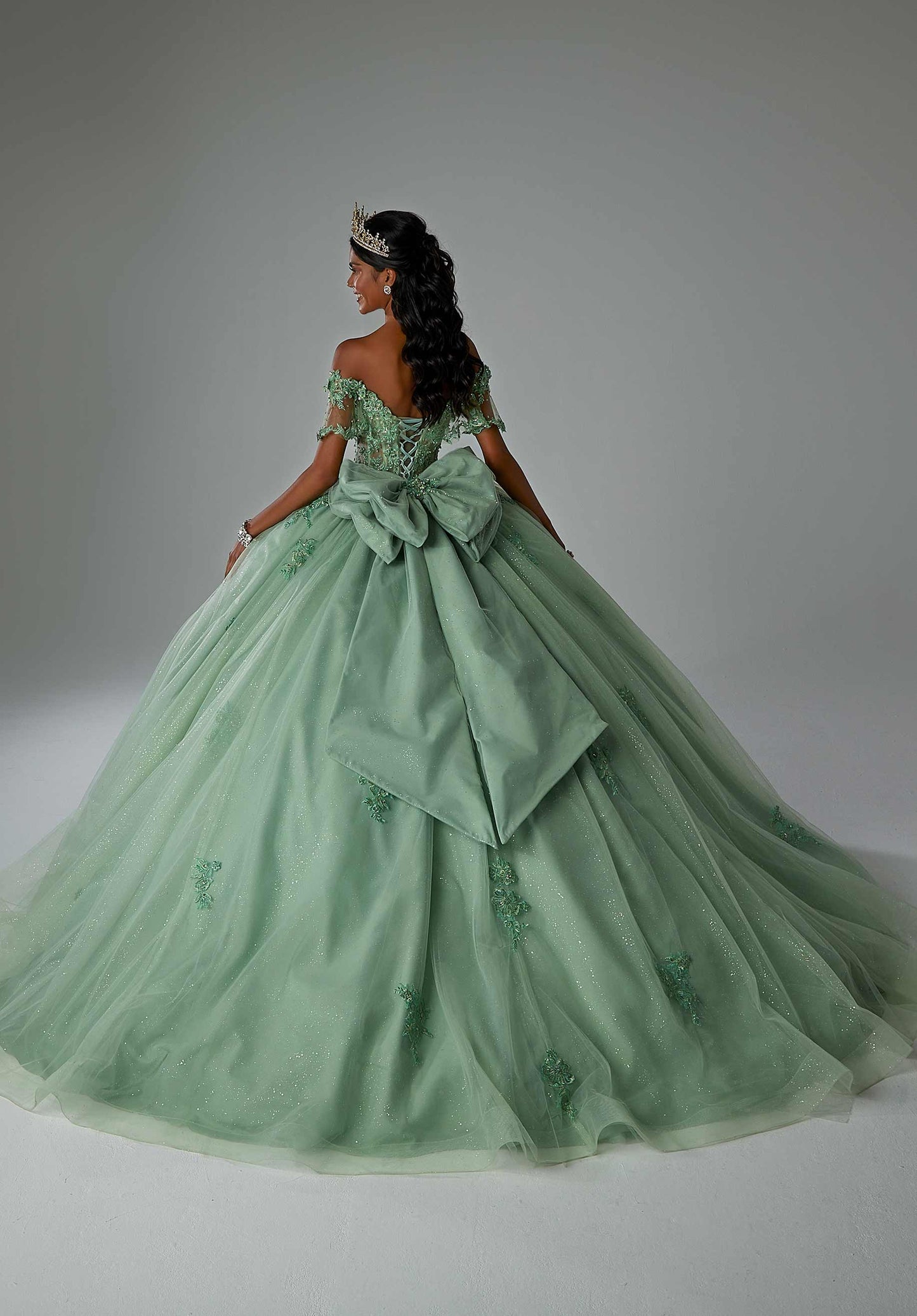 Crystal Beaded Floral Embroidered Quinceañera Dress with Sheer Midriff