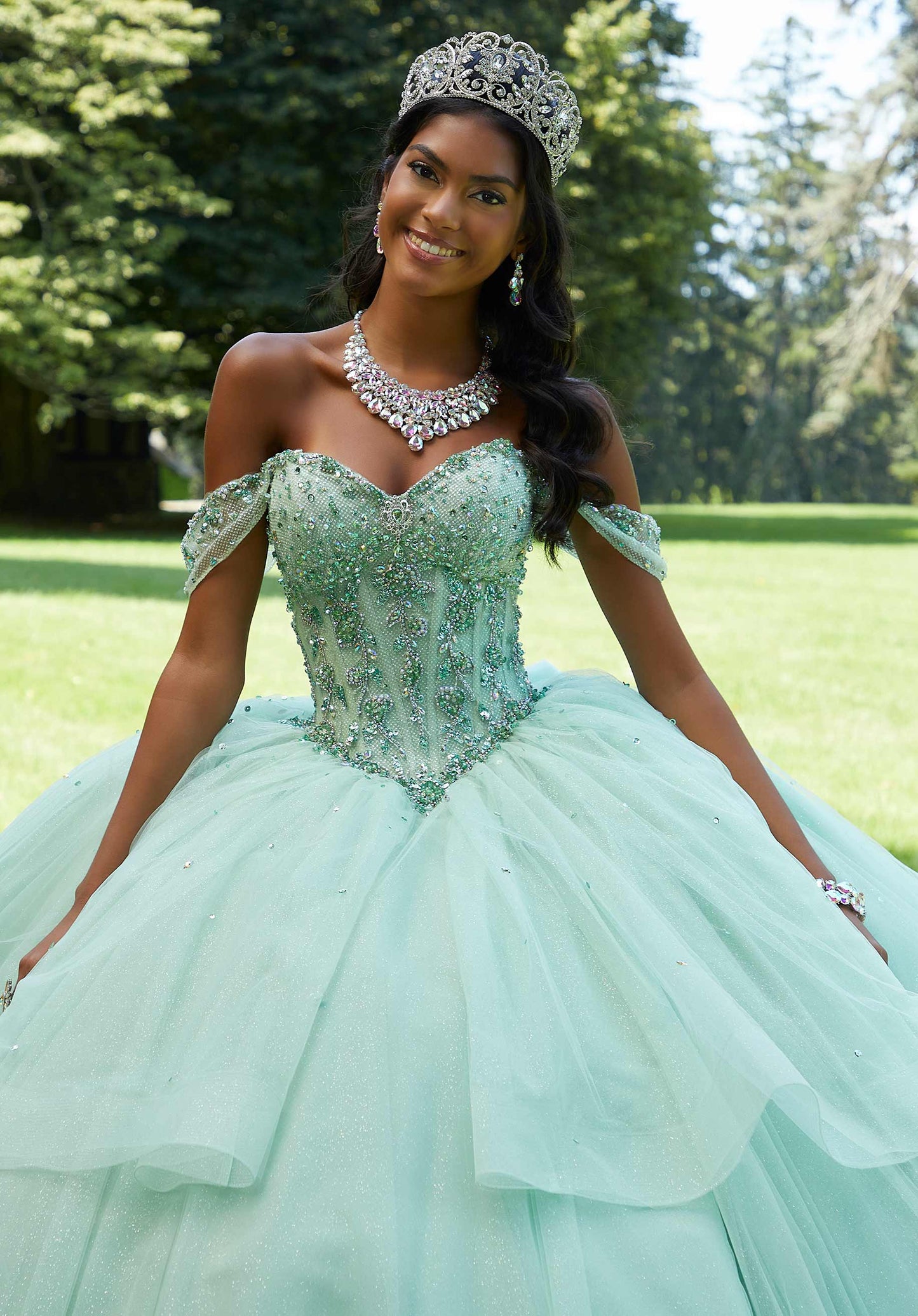 Rhinestone and Crystal Beaded Corset Bodice Quinceañera Dress