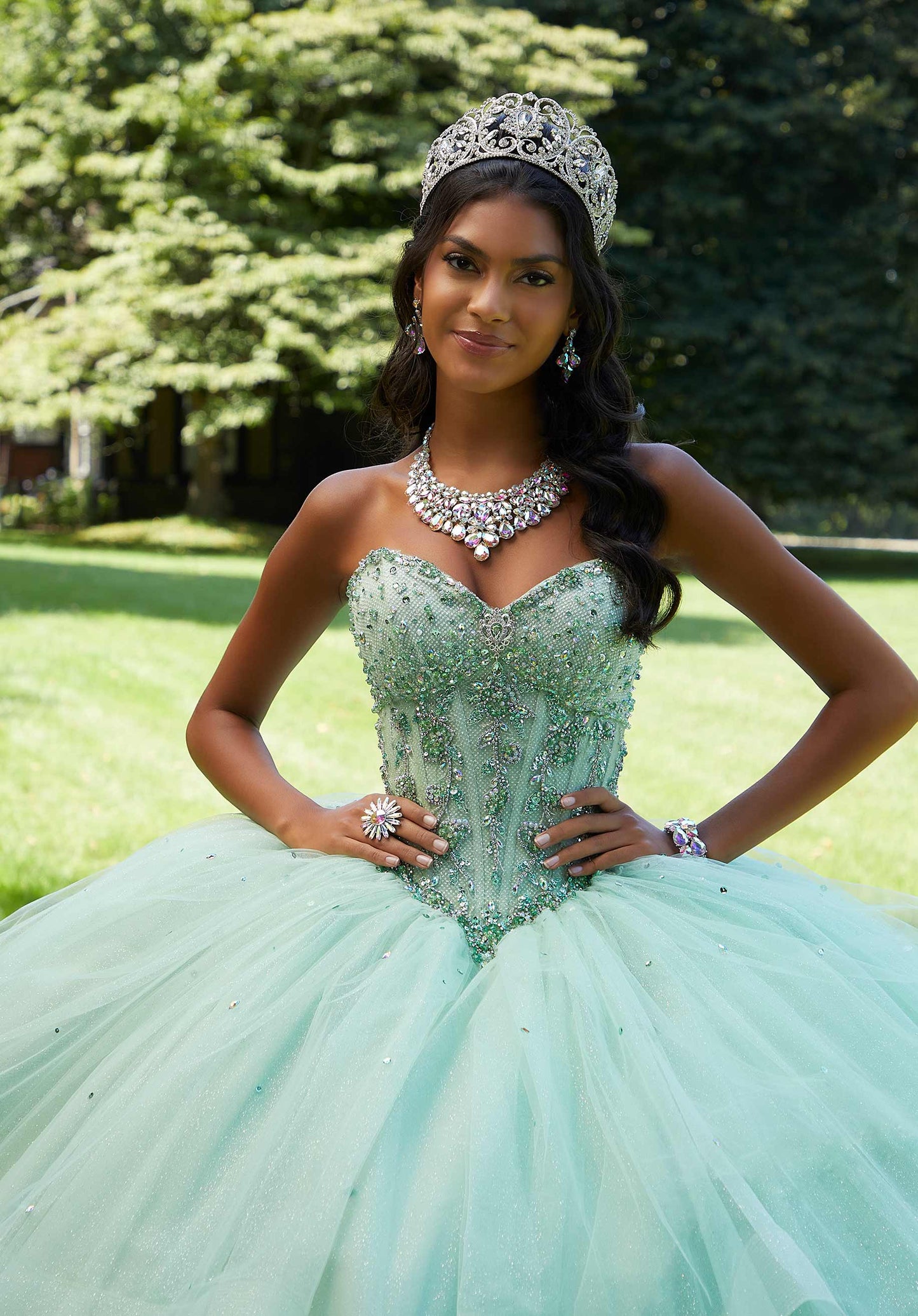 Rhinestone and Crystal Beaded Corset Bodice Quinceañera Dress
