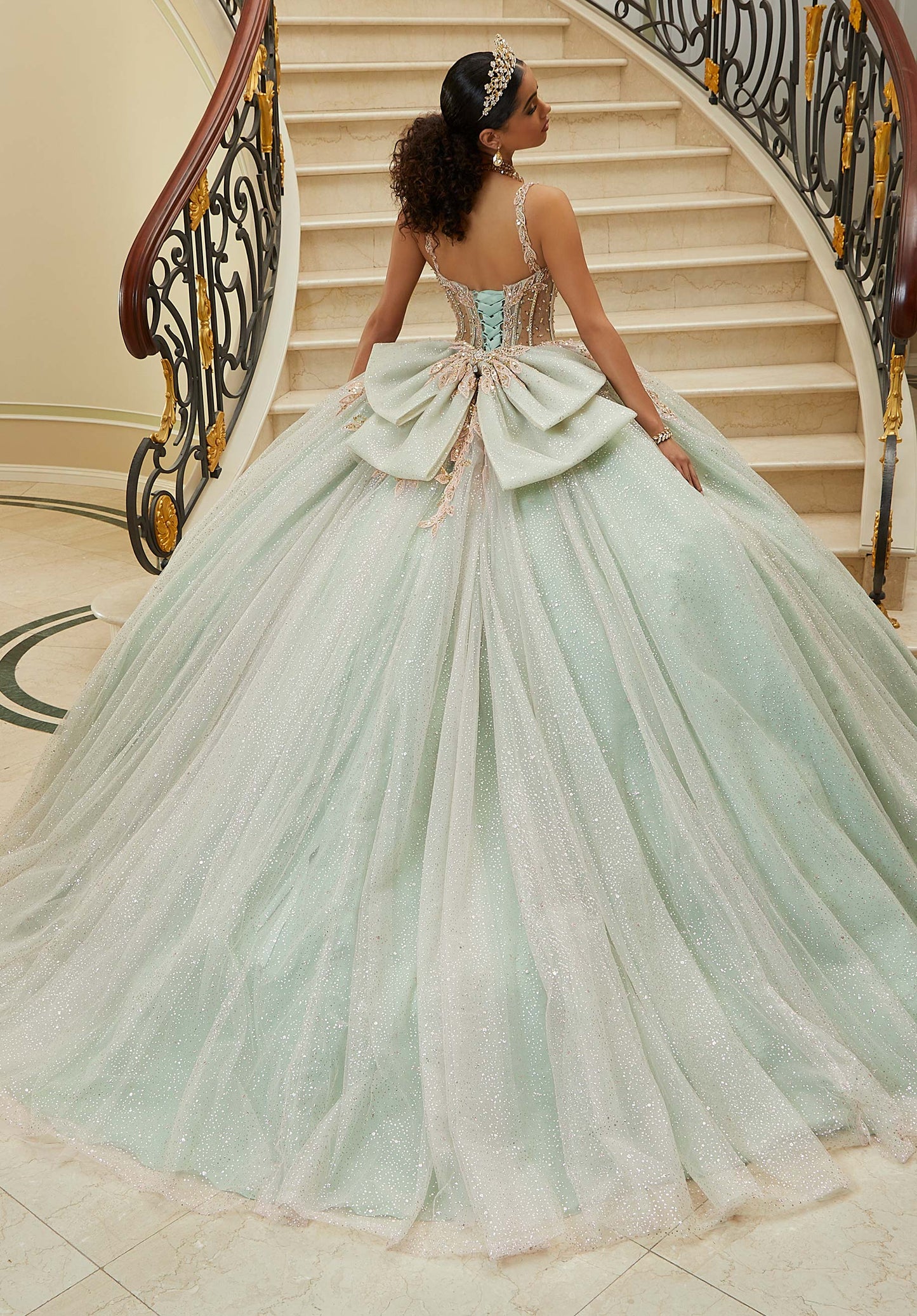 Three-Dimensional Embroidered Diamanté Beaded Quinceañera Dress with Sheer Bodice