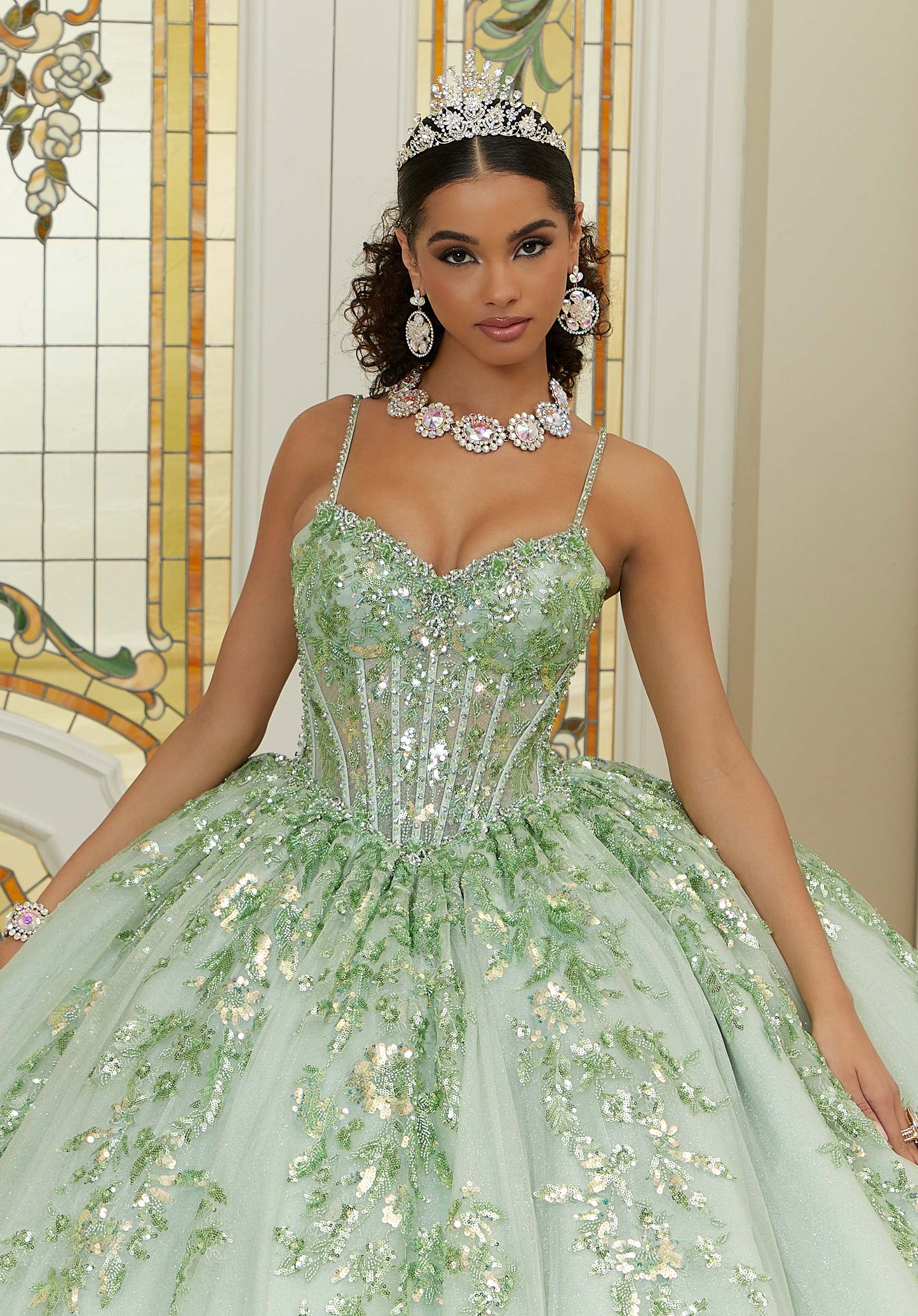 Pattern Sequin and Diamanté Beaded Quinceañera Dress in Sparkle Tulle