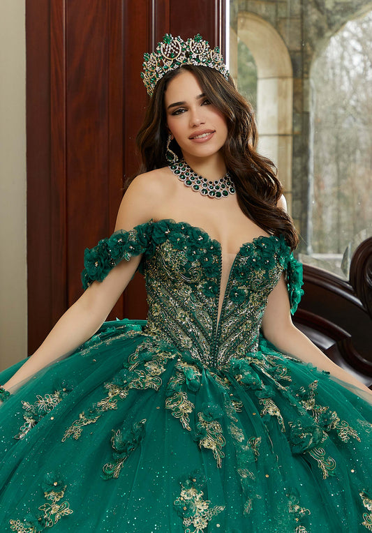 Three-Dimensional Flowers and Metallic Lace Sparkle Tulle Quinceañera Dress