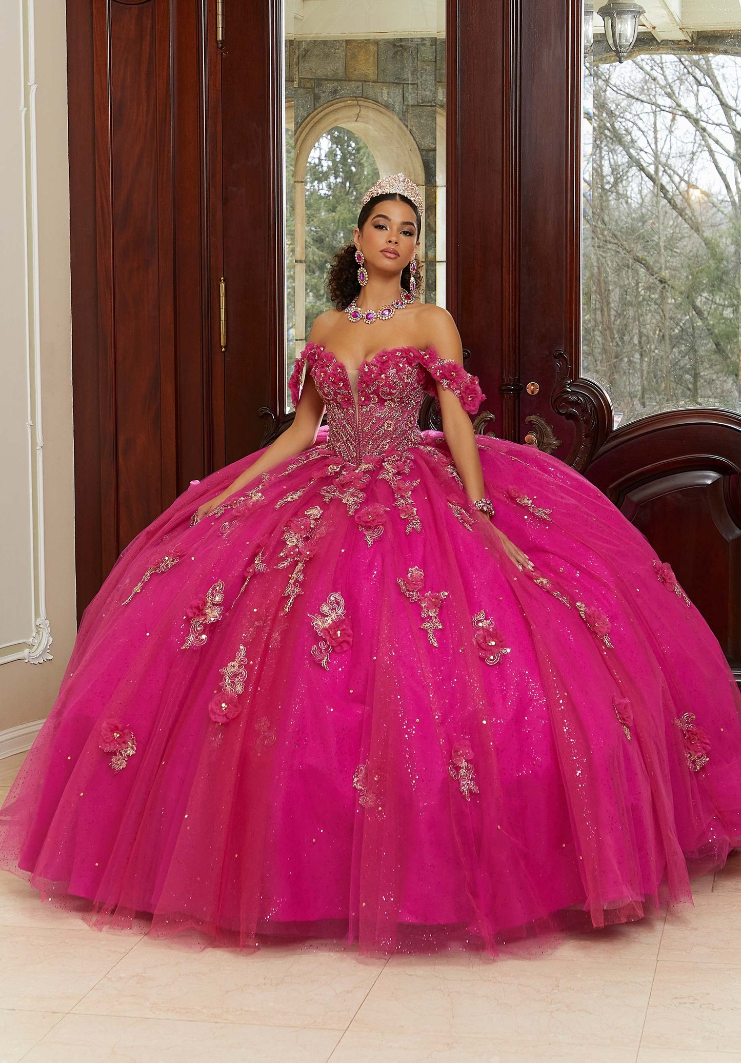 Three-Dimensional Flowers and Metallic Lace Sparkle Tulle Quinceañera Dress