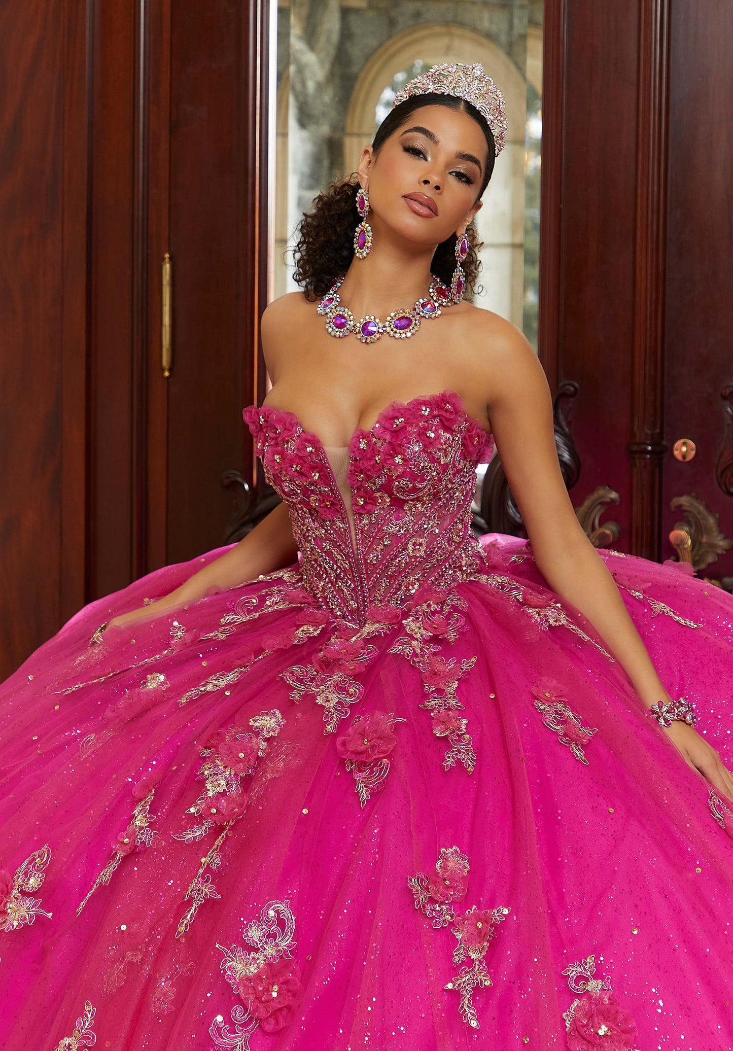 Three-Dimensional Flowers and Metallic Lace Sparkle Tulle Quinceañera Dress