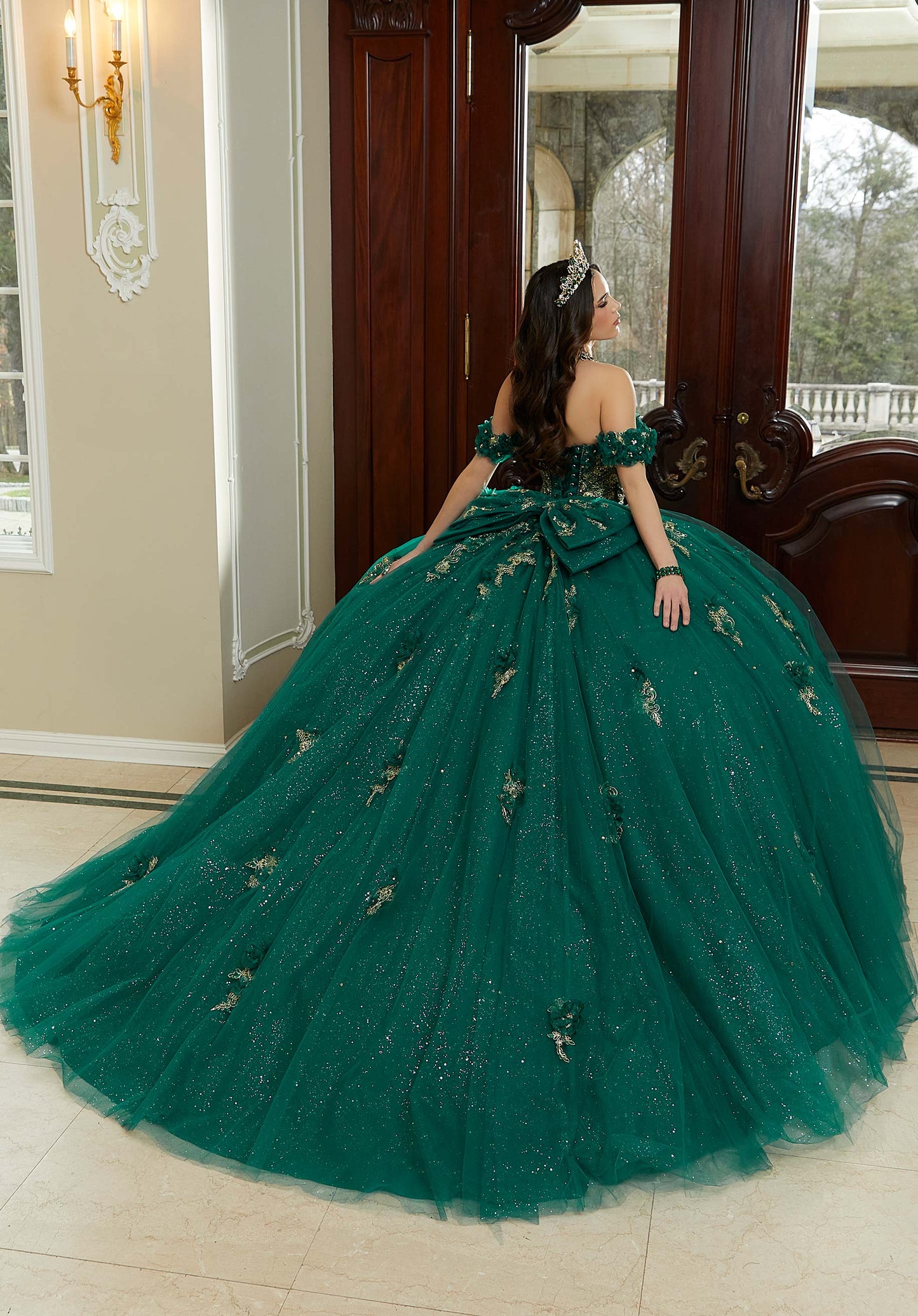 Three-Dimensional Flowers and Metallic Lace Sparkle Tulle Quinceañera Dress