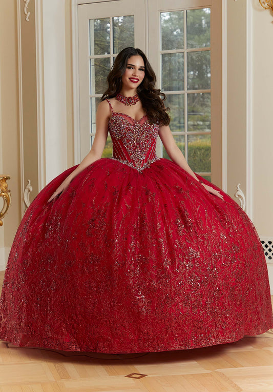 Patterned Glitter Net Quinceañera Dress with Jeweled Beading and Back Bow