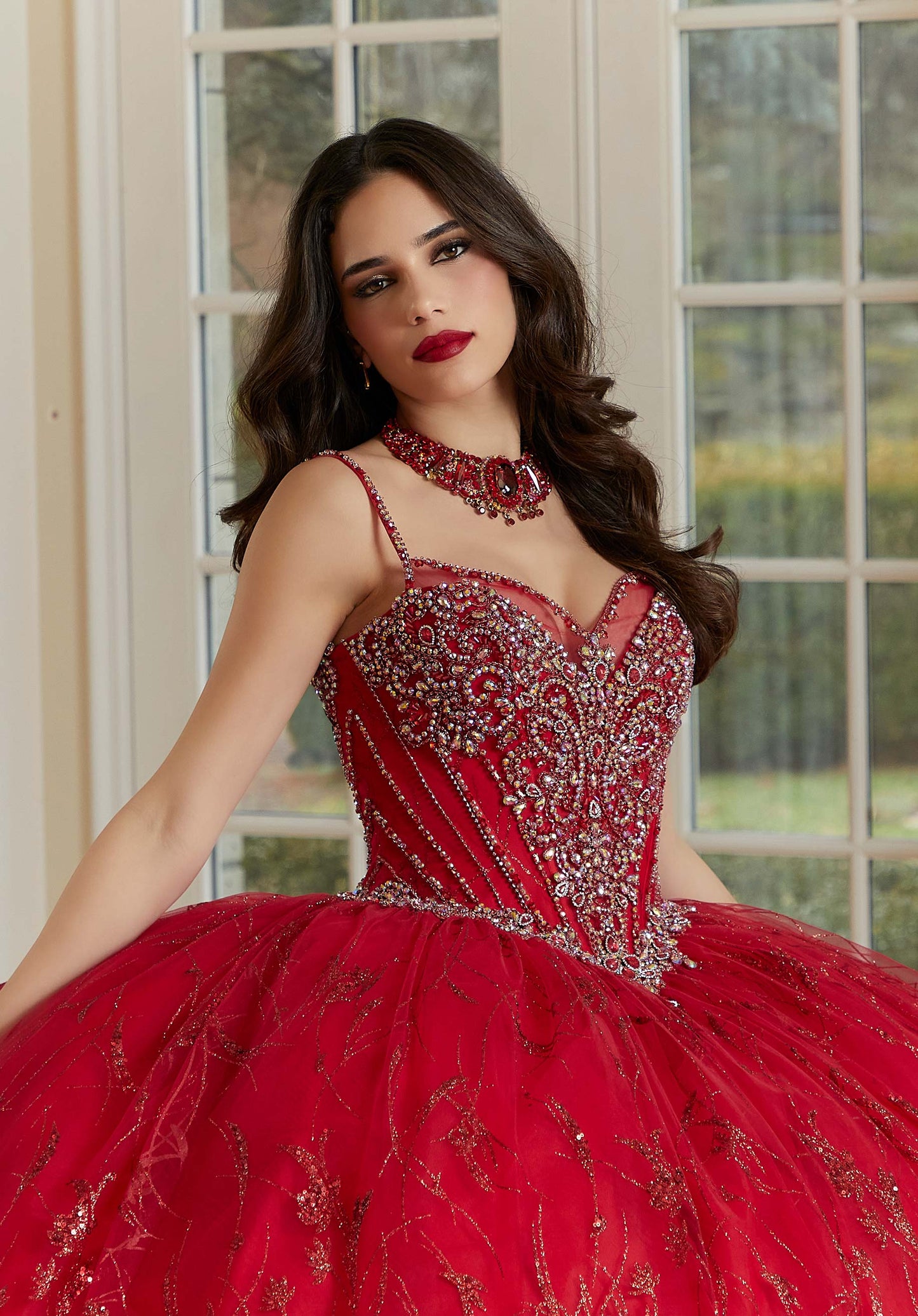 Patterned Glitter Net Quinceañera Dress with Jeweled Beading and Back Bow