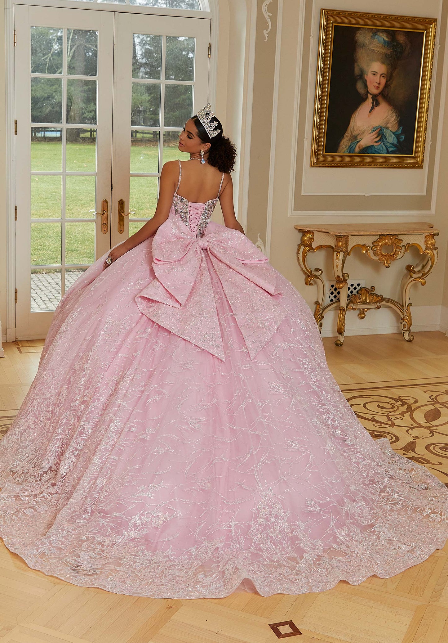 Patterned Glitter Net Quinceañera Dress with Jeweled Beading and Back Bow