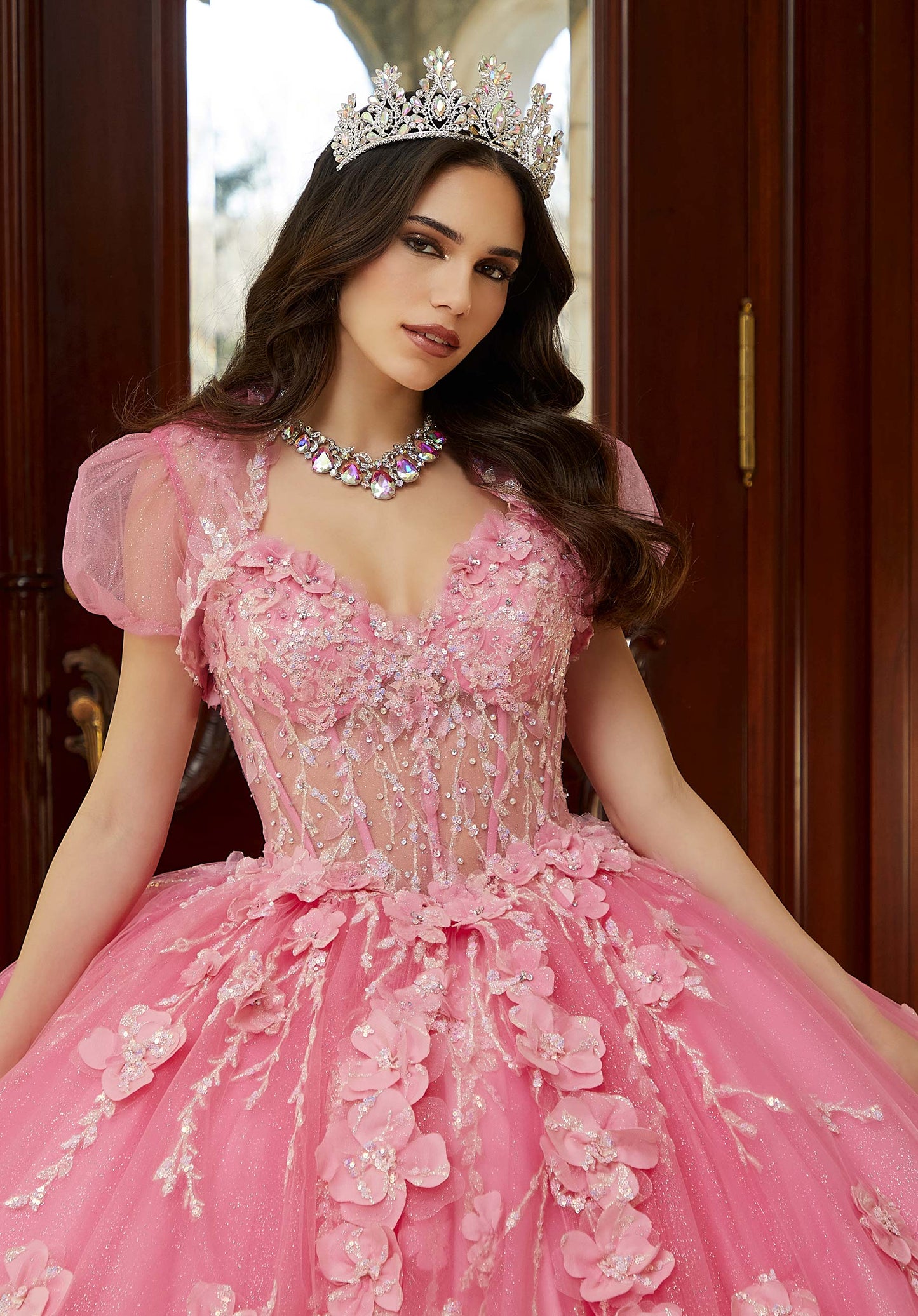 Crystal Beaded Quinceañera Dress with Three-Dimensional Floral Glitter Appliqués