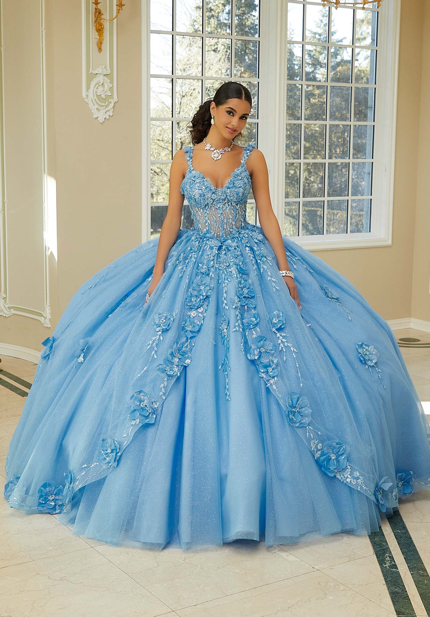 Crystal Beaded Quinceañera Dress with Three-Dimensional Floral Glitter Appliqués