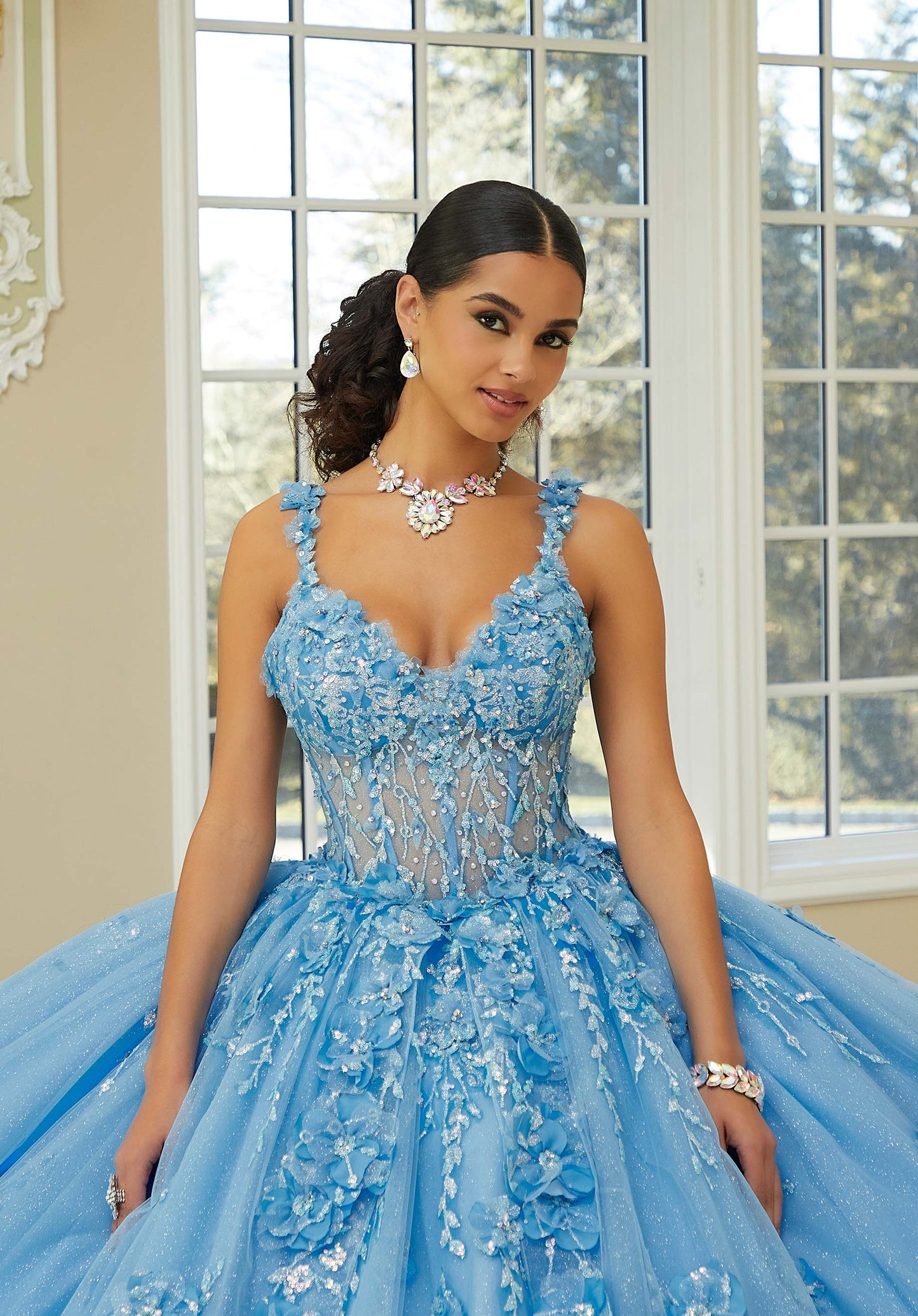 Crystal Beaded Quinceañera Dress with Three-Dimensional Floral Glitter Appliqués