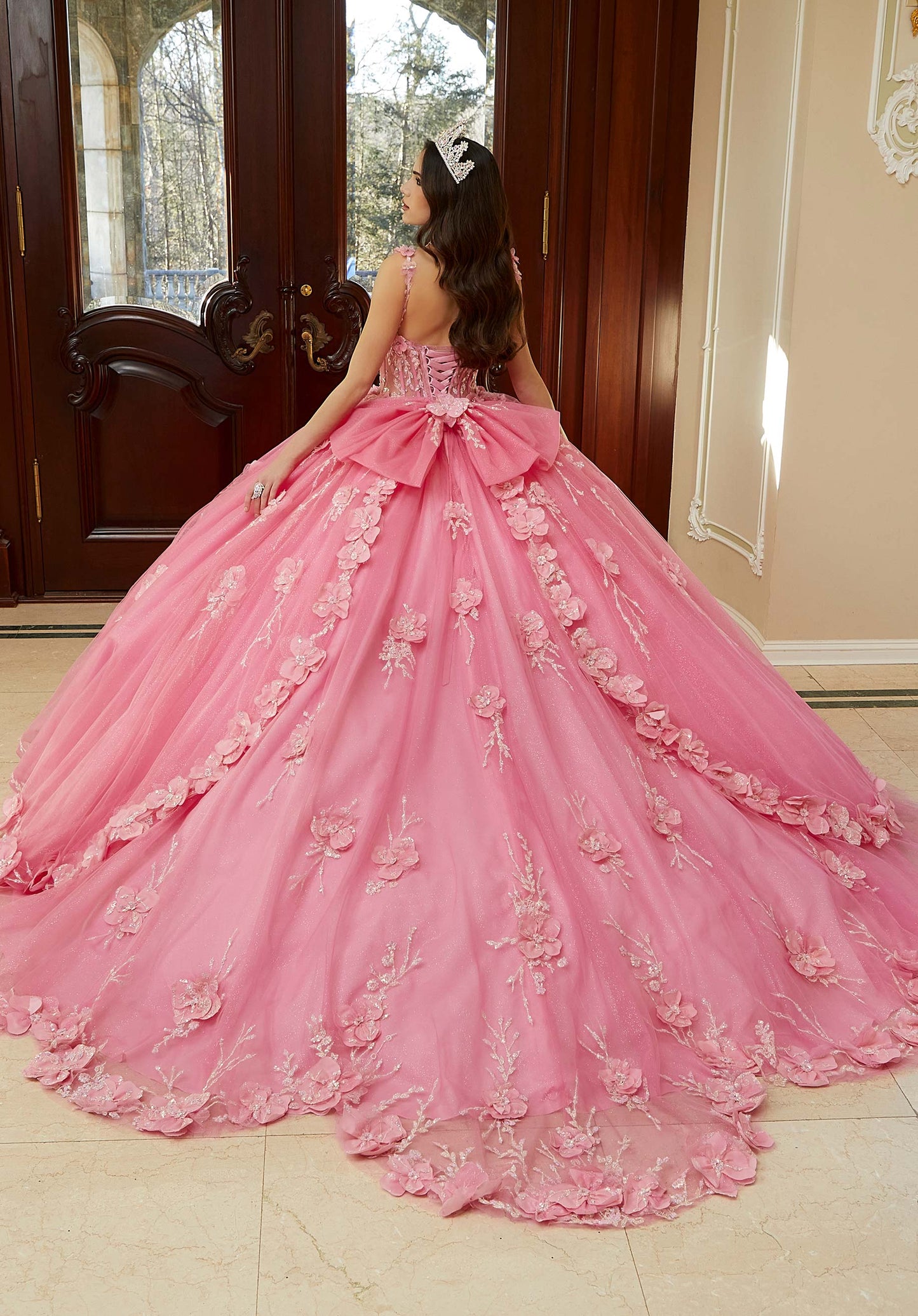 Crystal Beaded Quinceañera Dress with Three-Dimensional Floral Glitter Appliqués
