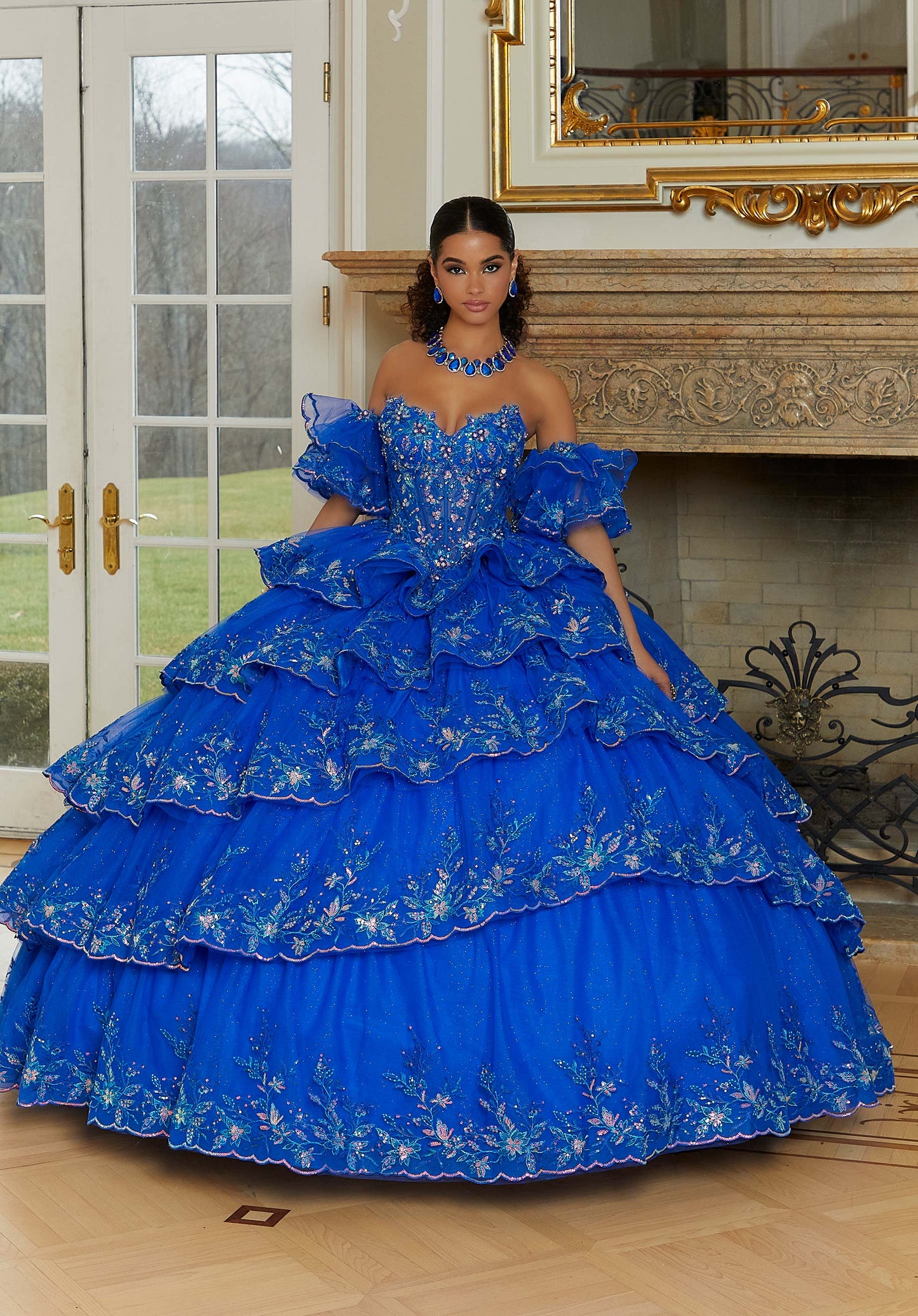 Tiered Tulle Quinceañera Dress with Crystal Beaded Metallic Embroidery