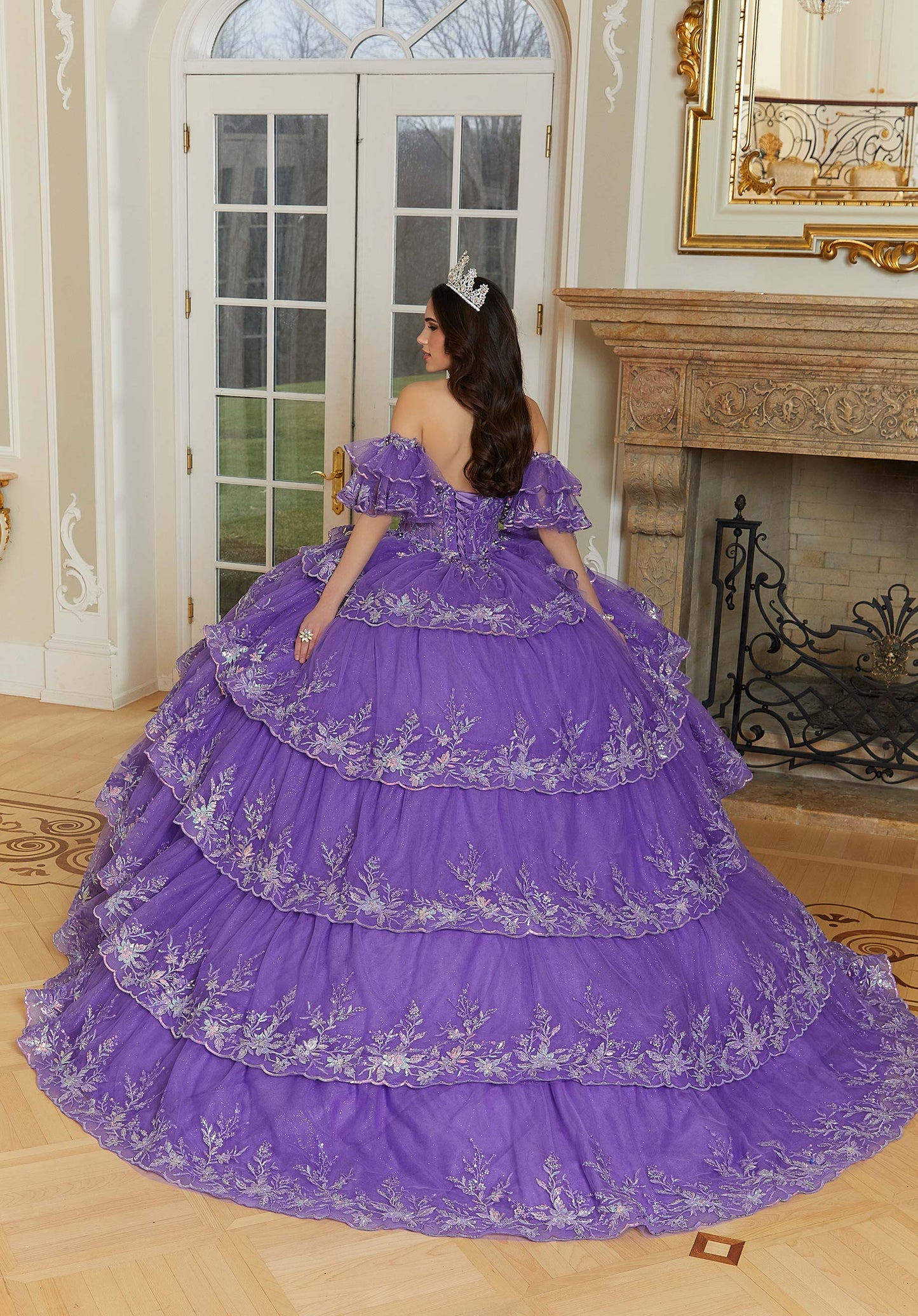 Tiered Tulle Quinceañera Dress with Crystal Beaded Metallic Embroidery