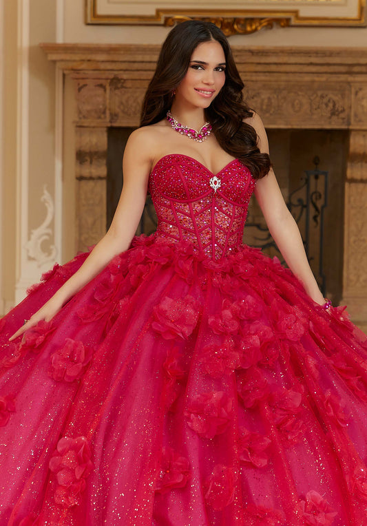 Layered Sparkle Tulle Quinceañera Dress with Three-Dimensional Flowers