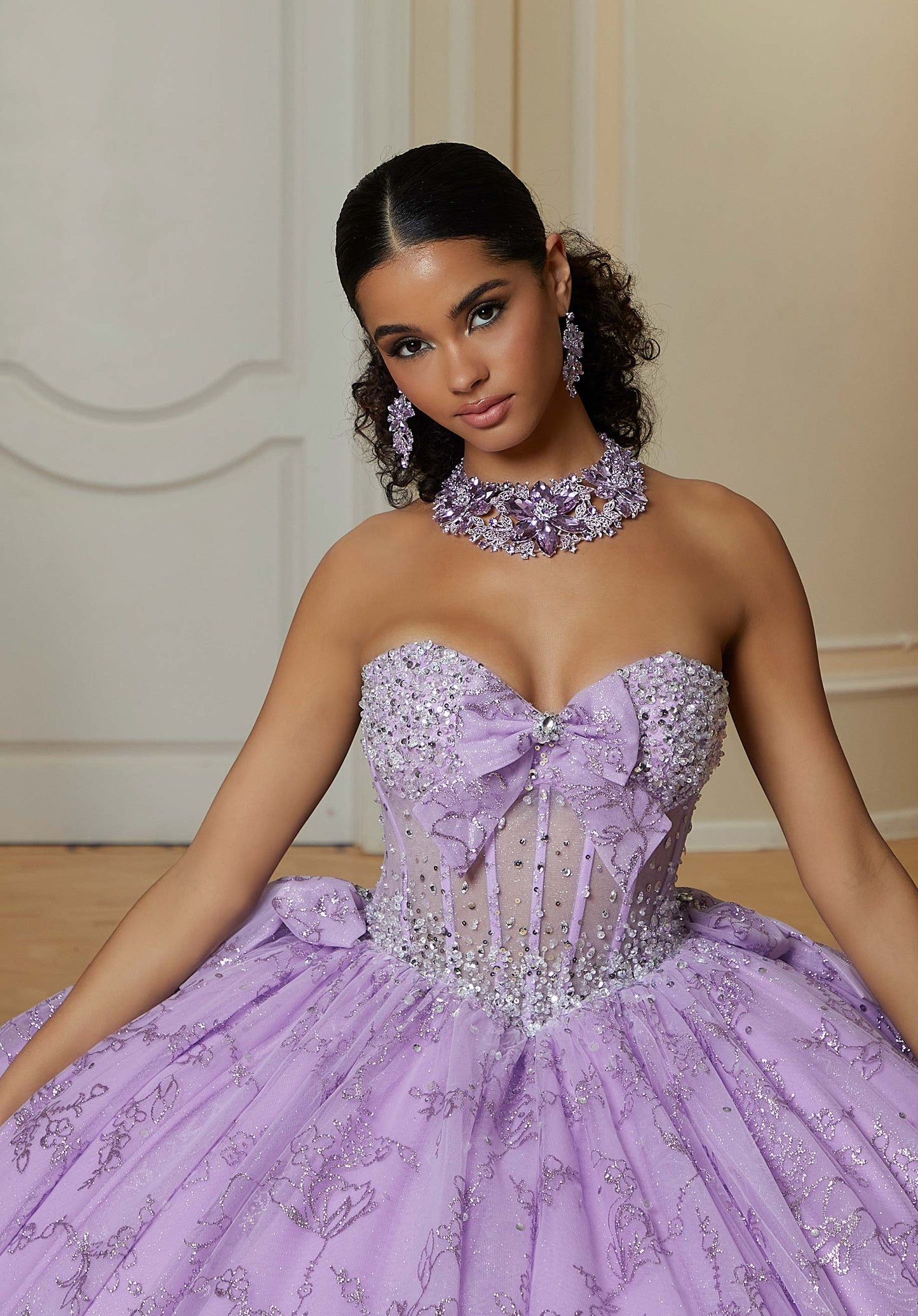 Floral Patterned Glitter Quinceañera Dress with Crystal Beading and Bow Details