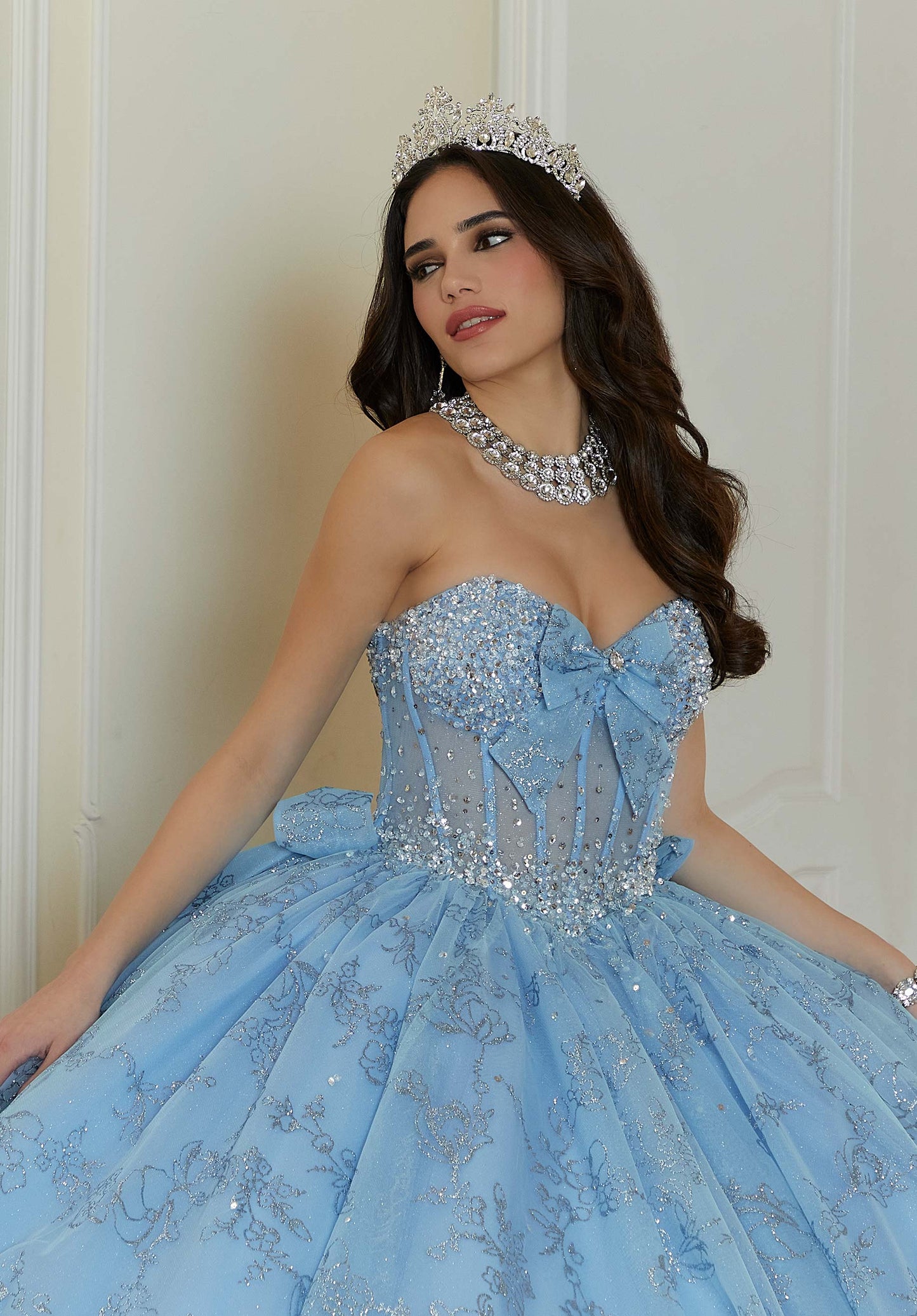 Floral Patterned Glitter Quinceañera Dress with Crystal Beading and Bow Details