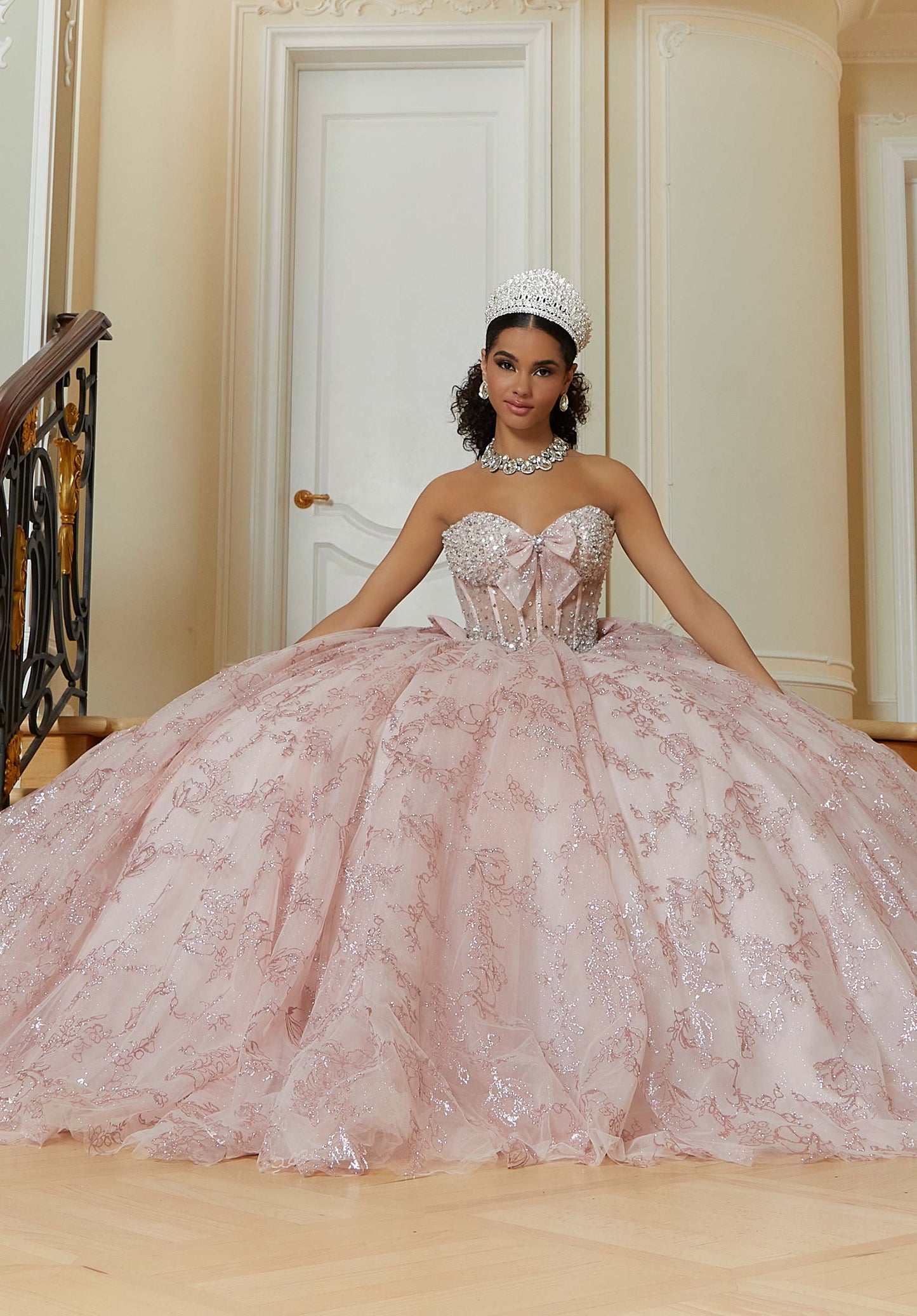Floral Patterned Glitter Quinceañera Dress with Crystal Beading and Bow Details