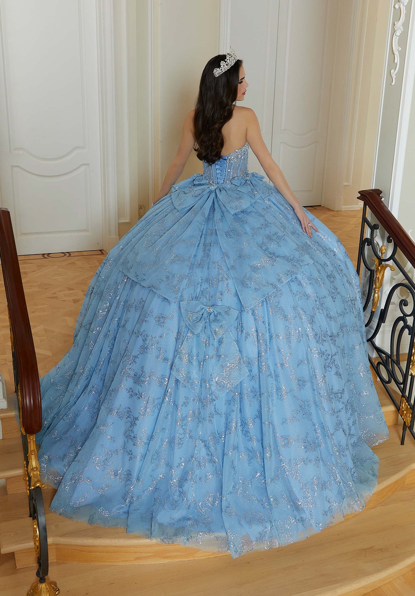 Floral Patterned Glitter Quinceañera Dress with Crystal Beading and Bow Details