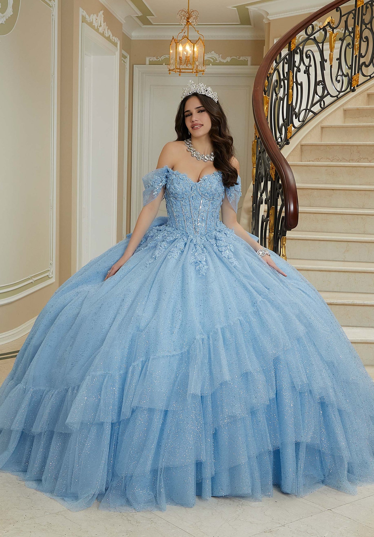 Three-Dimensional Floral Lace Quinceañera Dress on a Flounced Skirt