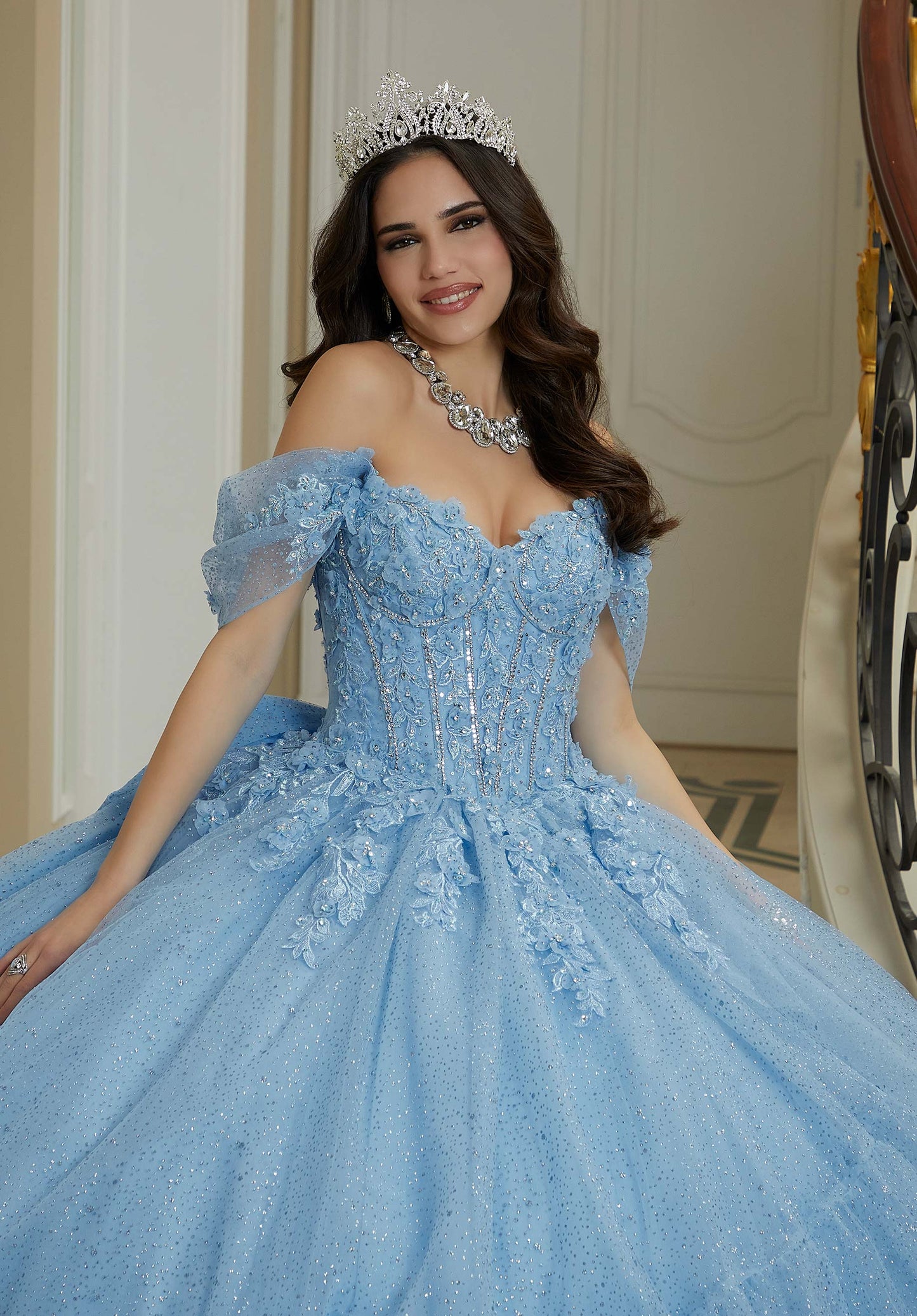 Three-Dimensional Floral Lace Quinceañera Dress on a Flounced Skirt