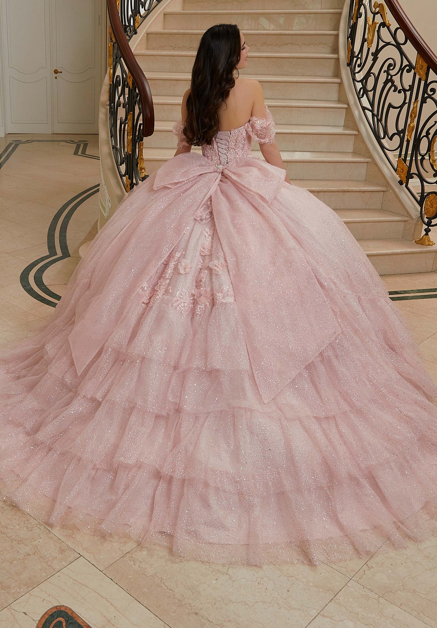 Three-Dimensional Floral Lace Quinceañera Dress on a Flounced Skirt