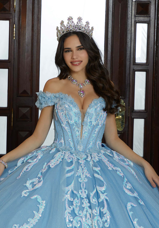Iridescent Patterned Sequin and Three-Dimensional Floral Quinceañera Dress