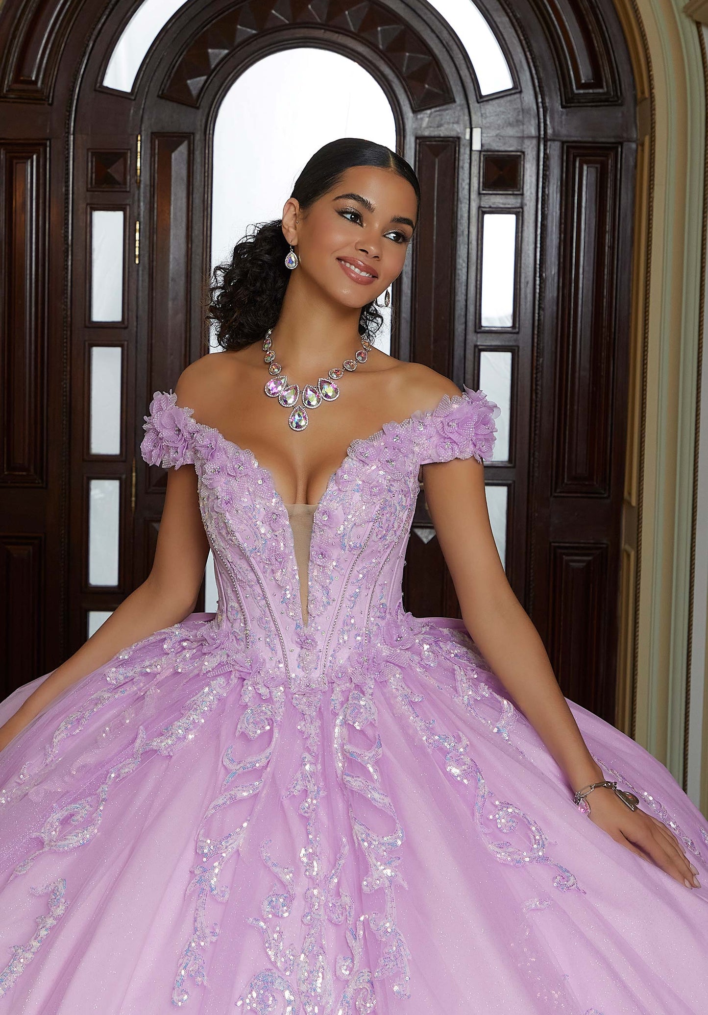 Iridescent Patterned Sequin and Three-Dimensional Floral Quinceañera Dress