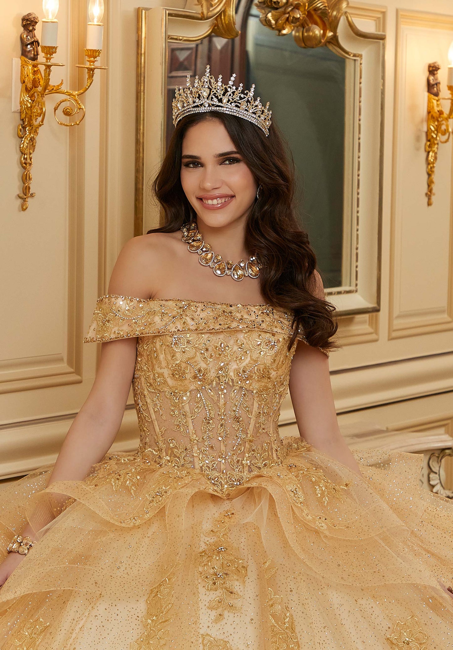 Diamanté and Crystal Beaded Metallic Lace Quinceañera Dress